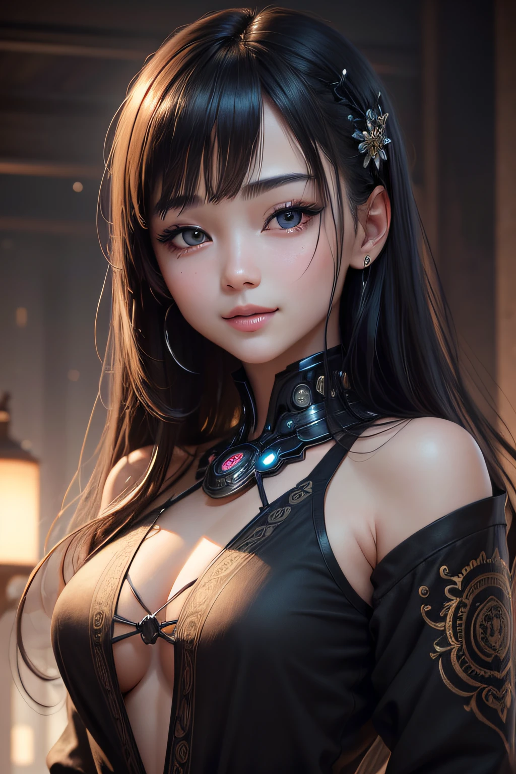 Masterpiece, 1 Beautiful Girl, Detailed, Swollen Eyes, Best Quality, Ultra High Resolution, (Reality: 1.4), Original Photo, 1Girl, Cinematic Lighting, Smiling, Japanese, Asian Beauty, Korean, Neat, Very Beautiful, Slightly Young Face, Beautiful Skin, Slender, Cyberpunk Background, (ultra realistic), (illustration), (high resolution), (8K), (very detailed), (best illustration), (beautifully detailed eyes), (super detailed), (wallpaper), (detailed face), viewer looking, fine details, detailed face, deep shadow, low key, pureerosfaceace_v1, smile, 46 point slanted bangs, facing straight ahead, neat clothes, black colored eyes,
