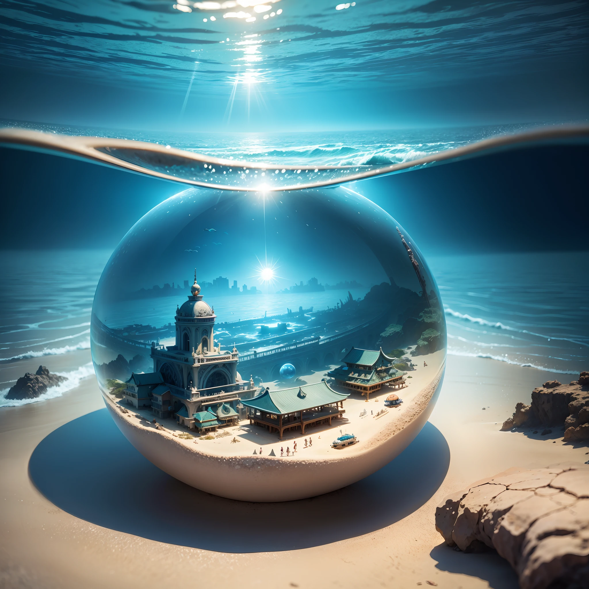 (Undersea city),(Marine life),Transparent fog,The hemispherical shape looks down from the sky,fanciful,Artistically。beach sand background