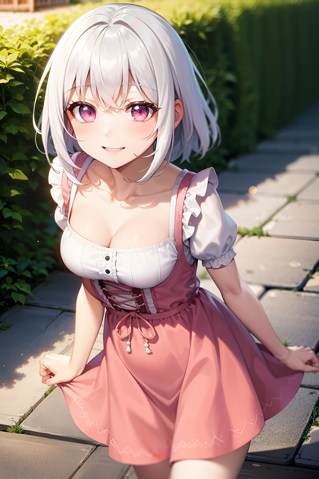 best quality, amazing intricate, cute girl, round eyes, smile, medium breast, white hair, medium hair, , hair flip, From Above, cowboy shot, arms behind her back, pink dress, dirndl, in an alpine lodge