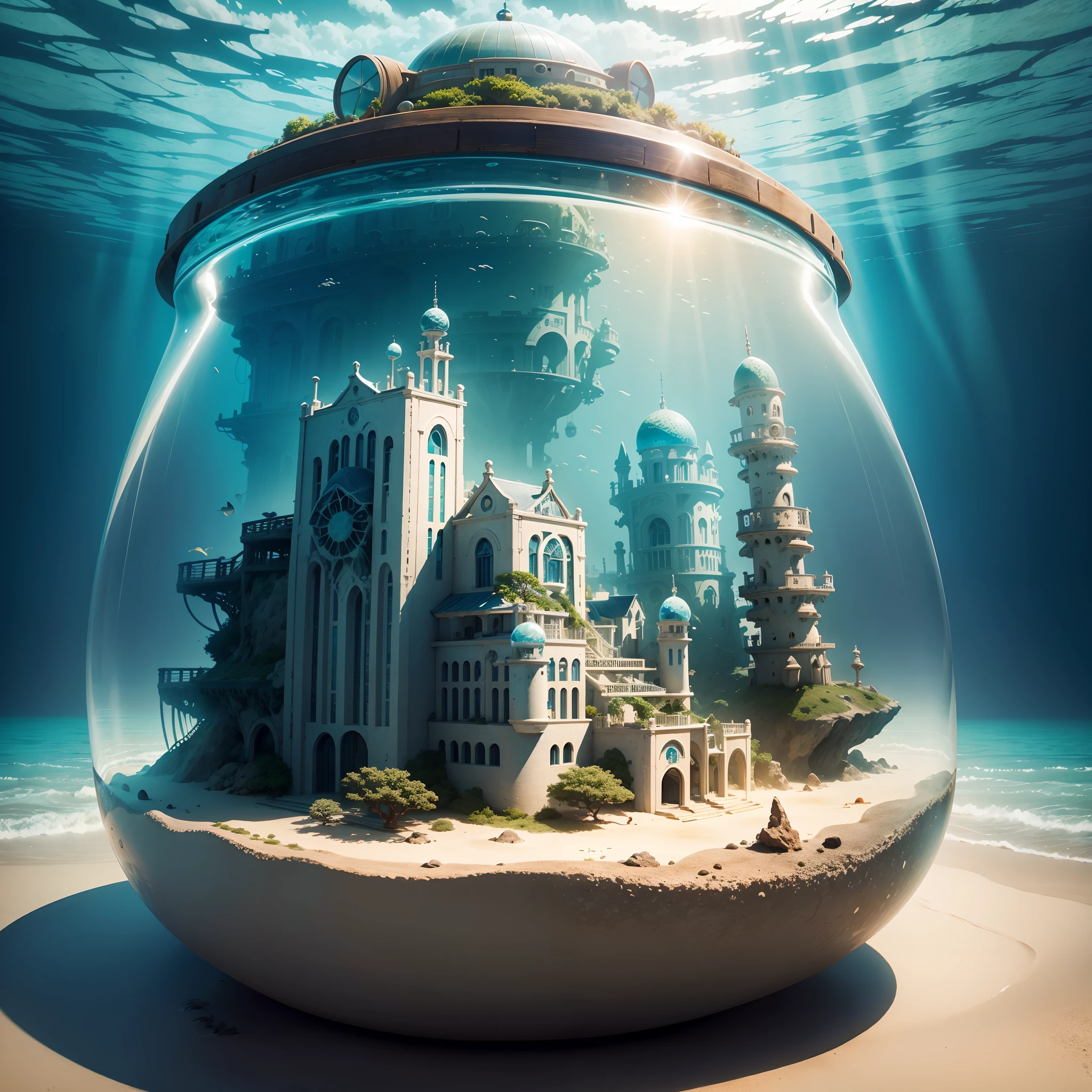 (an underwater city)，(Marine life)，Transparent fog，The hemispherical shape looks down from the sky，fanciful，Artistically。beach sand background