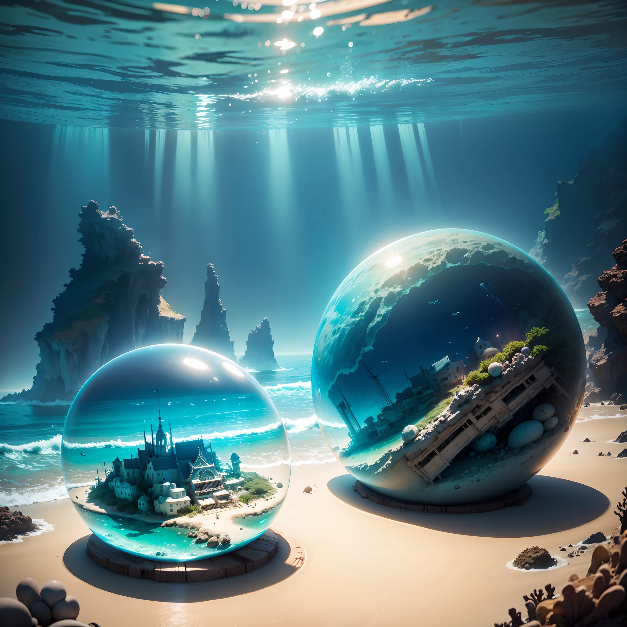 (an underwater city),(Marine life),Transparent fog,The hemispherical shape looks down from the sky,fanciful,Artistically。beach sand background