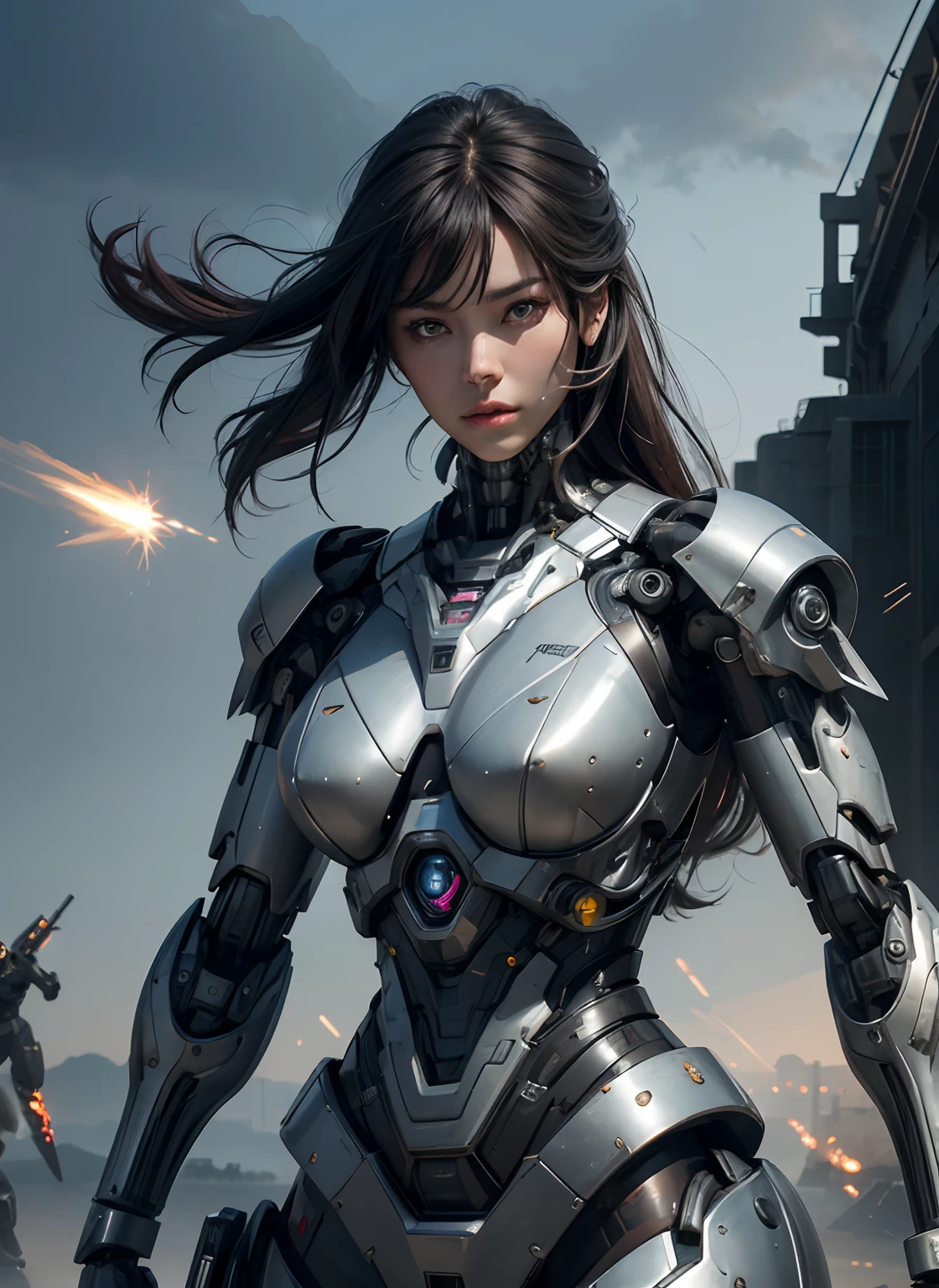 Textured skin, Super Detail, high details, High quality, Best Quality, hight resolution, 1080p, hard disk, Beautiful,(cyborgs),beautiful cyborg woman,Mecha Cyborg Girl,Battle Mode,Girl with a Mecha Body,She wears a battle cyborg mech with a weapon