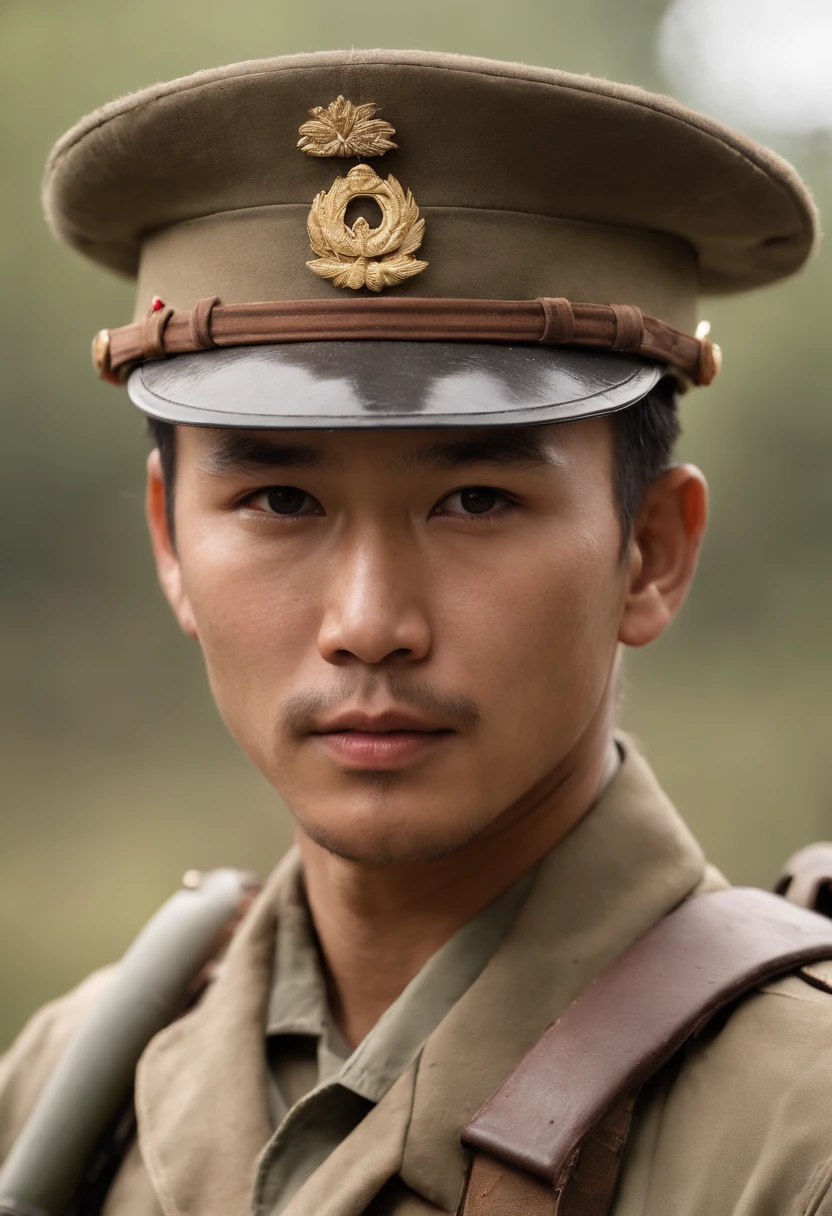 A Japanese soldier in the Philippines war, potrait, 8k, realistic, intense eyes, well-defined facial features, rugged appearance, detailed uniform, strong and determined expression, historic setting, war-torn background, dramatic lighting, authentic colors, high resolution, fine detailing.