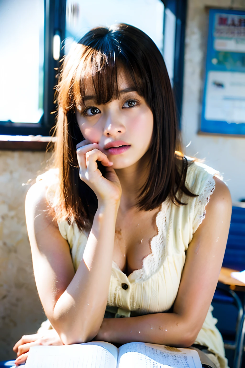 top-quality、masterpiece、超A high resolution、huge tit、(Photorealsitic:1.4)、Raw photo、女の子1人、Dark hair、glowy skin、Wet body、Dramatic Writing、Classroom