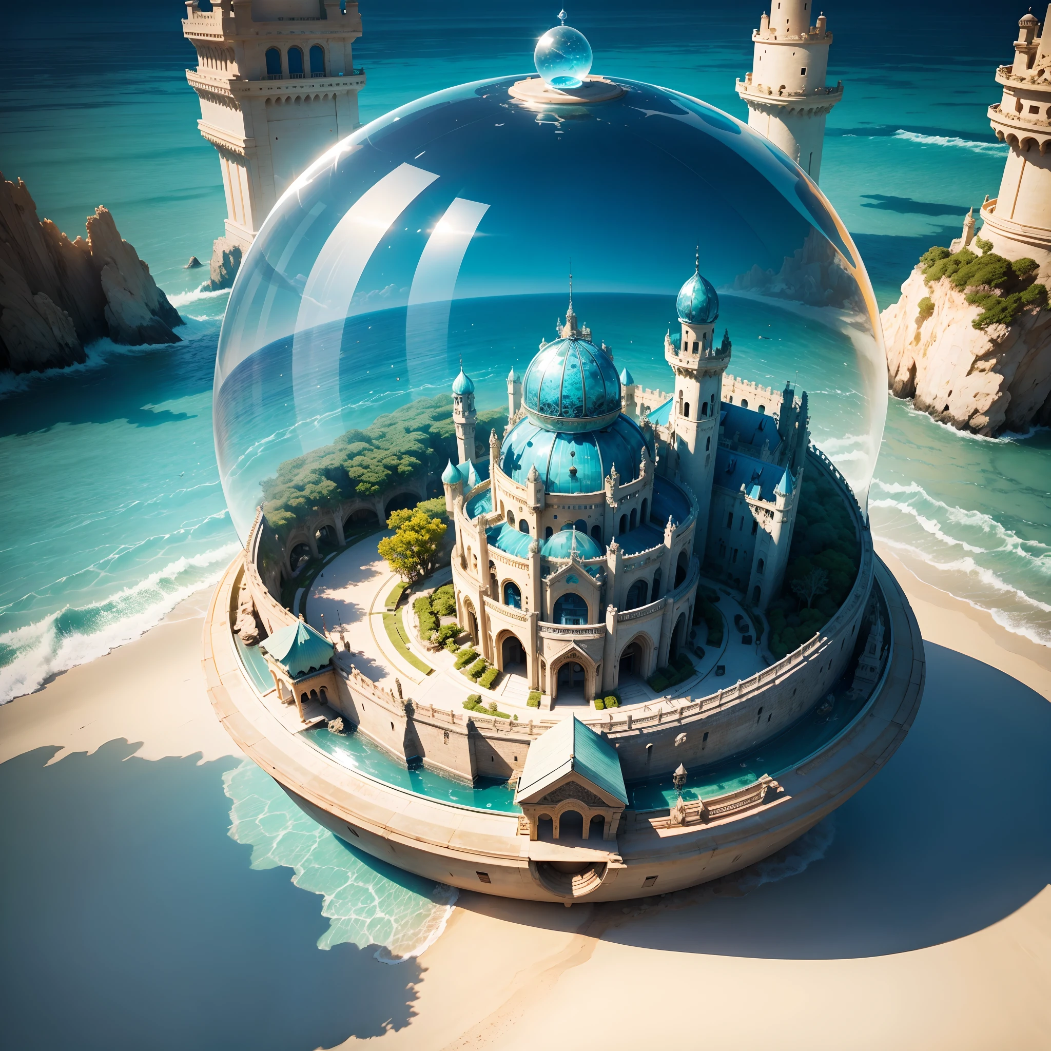 Underwater palace，Marine life，Transparent fog，The hemispherical shape looks down from the sky，fanciful，Artistically。beach sand background