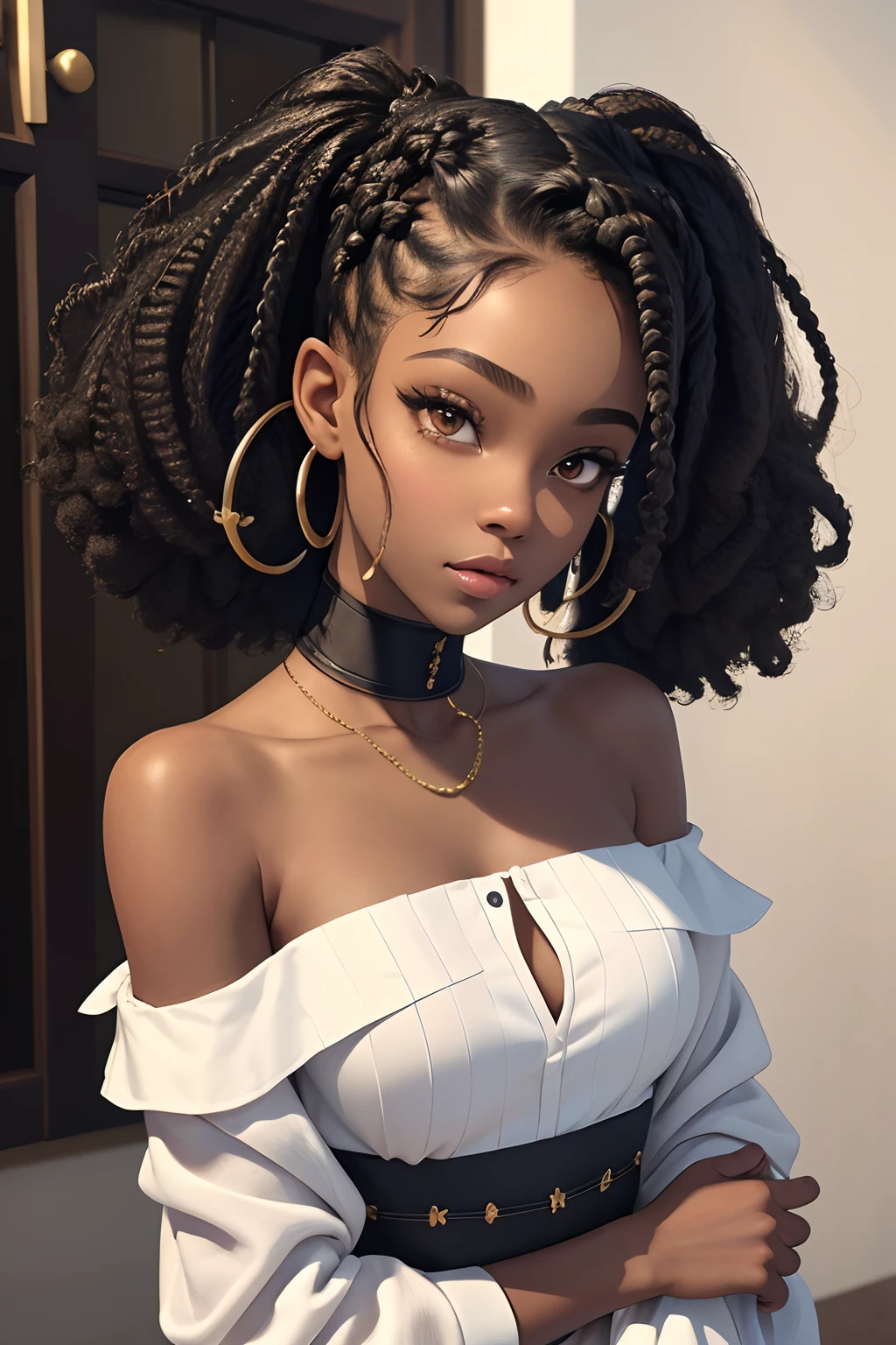 (masterpiece, best quality), deep ebony 1girl, beautiful face, curly afro braided ponytail