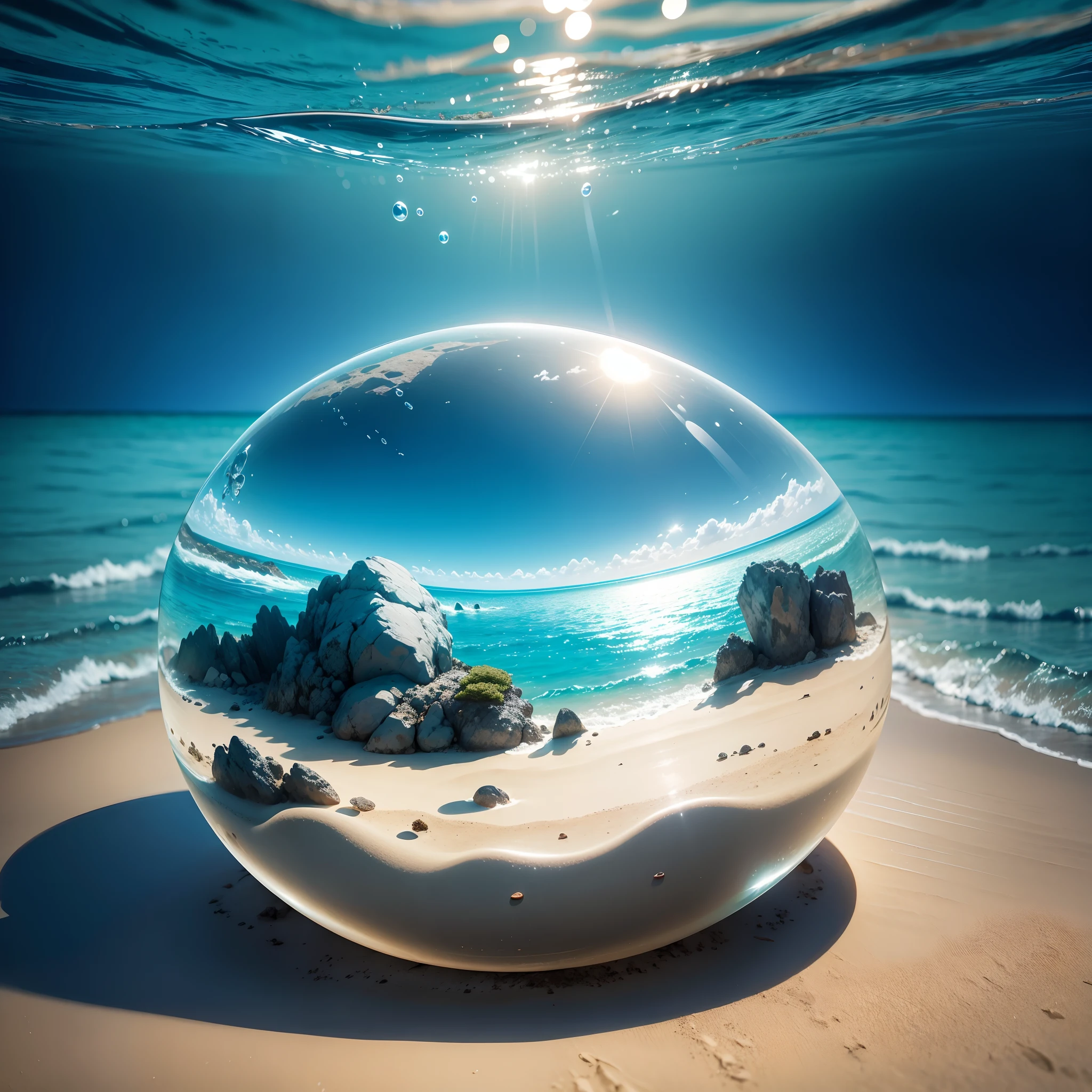 Underwater world,Marine life，Transparent fog，The hemispherical shape looks down from the sky，fanciful，Artistically。beach sand background