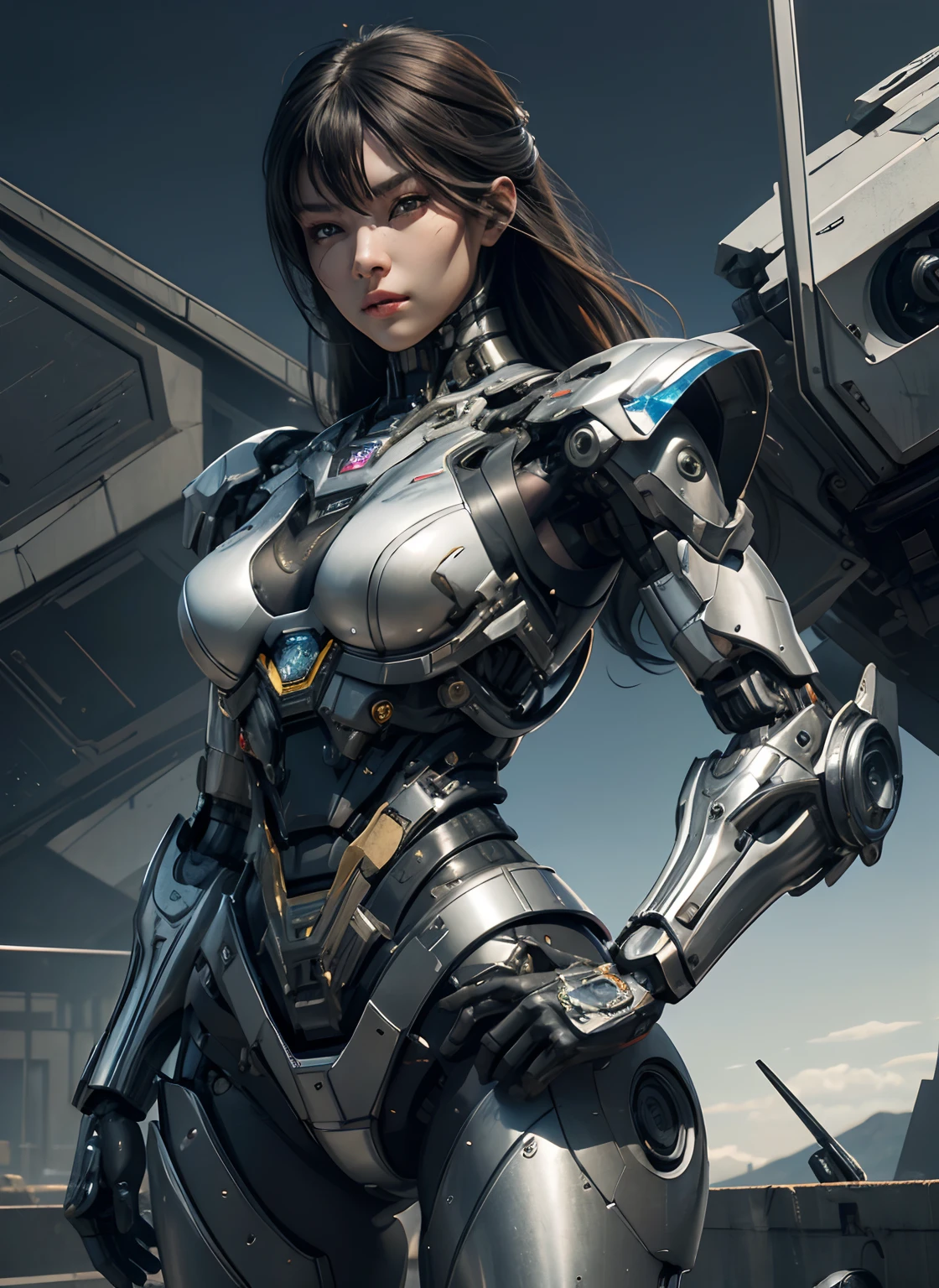 Textured skin, Super Detail, high details, High quality, Best Quality, hight resolution, 1080p, hard disk, Beautiful,(cyborgs),beautiful cyborg woman,Mecha Cyborg Girl,Battle Mode,Girl with a Mecha Body,She wears a battle cyborg mech with a weapon