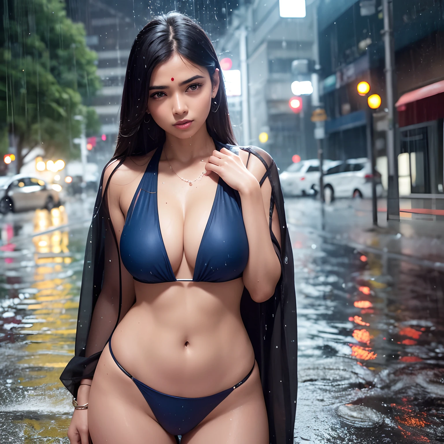 High Resolution, Striking photography, Indian woman in bikini, (Rainy Street:1.25), Sparkling pavement, natural beauty, Confident posture, Professional Photographer, Shot with a professional SLR camera, Urban rain background, Awesome model, Cultural Pride, tasteful, elegant, respectful