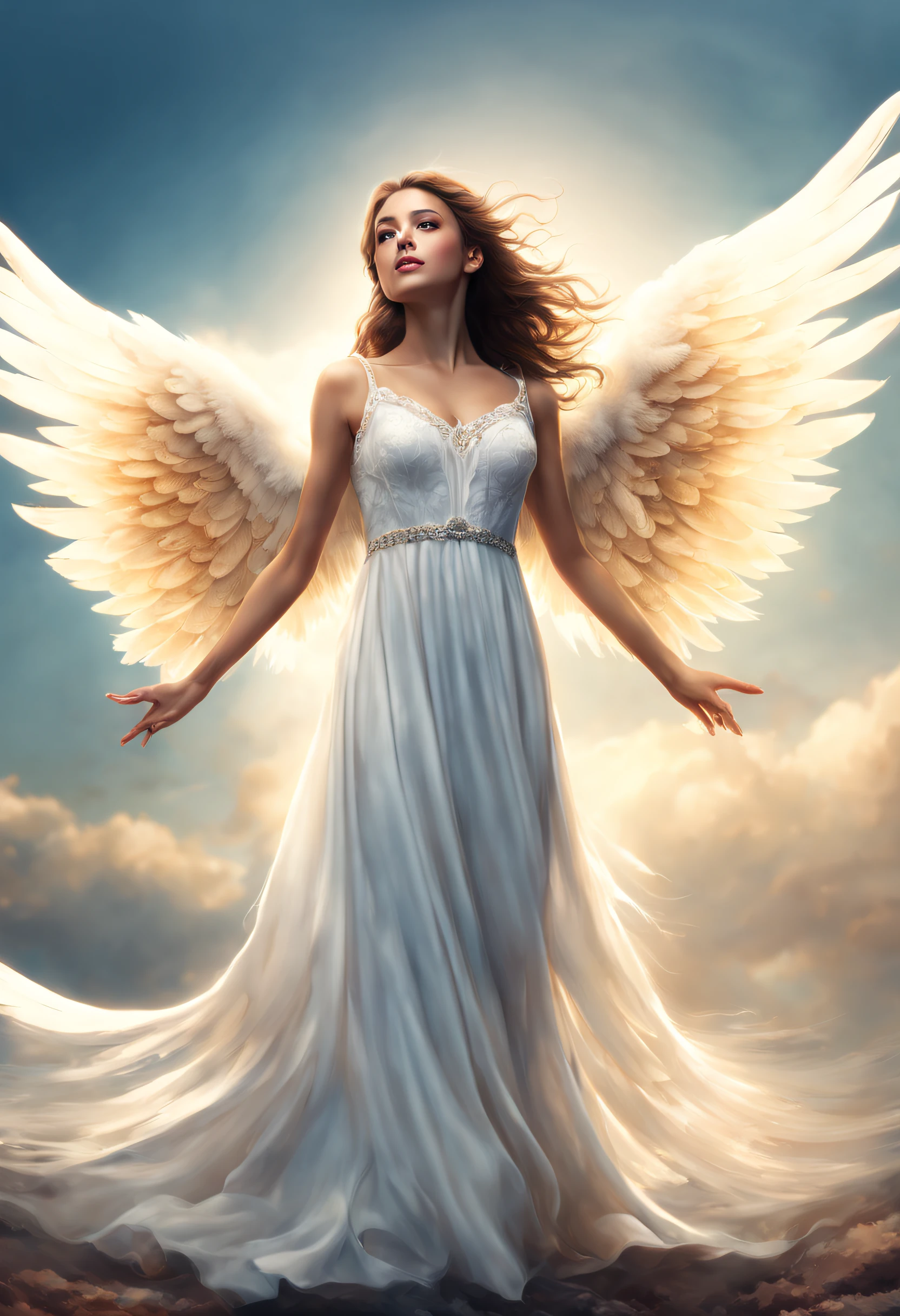 (best quality,4k,8k,highres,masterpiece:1.2), ((looking at camera)), ultra-detailed,(realistic,photorealistic,photo-realistic:1.37),portraits,angel with wings,vivid colors,soft lighting,surreal,ethereal,holy light,hopeful expression,flowing white robes,feathery wings,celestial aura,divine beauty,gentle smile,graceful stance,peaceful background,heavenly glow,subtle halo,floating in the air,heavenly atmosphere,transcendent,serene ambiance,glowing eyes