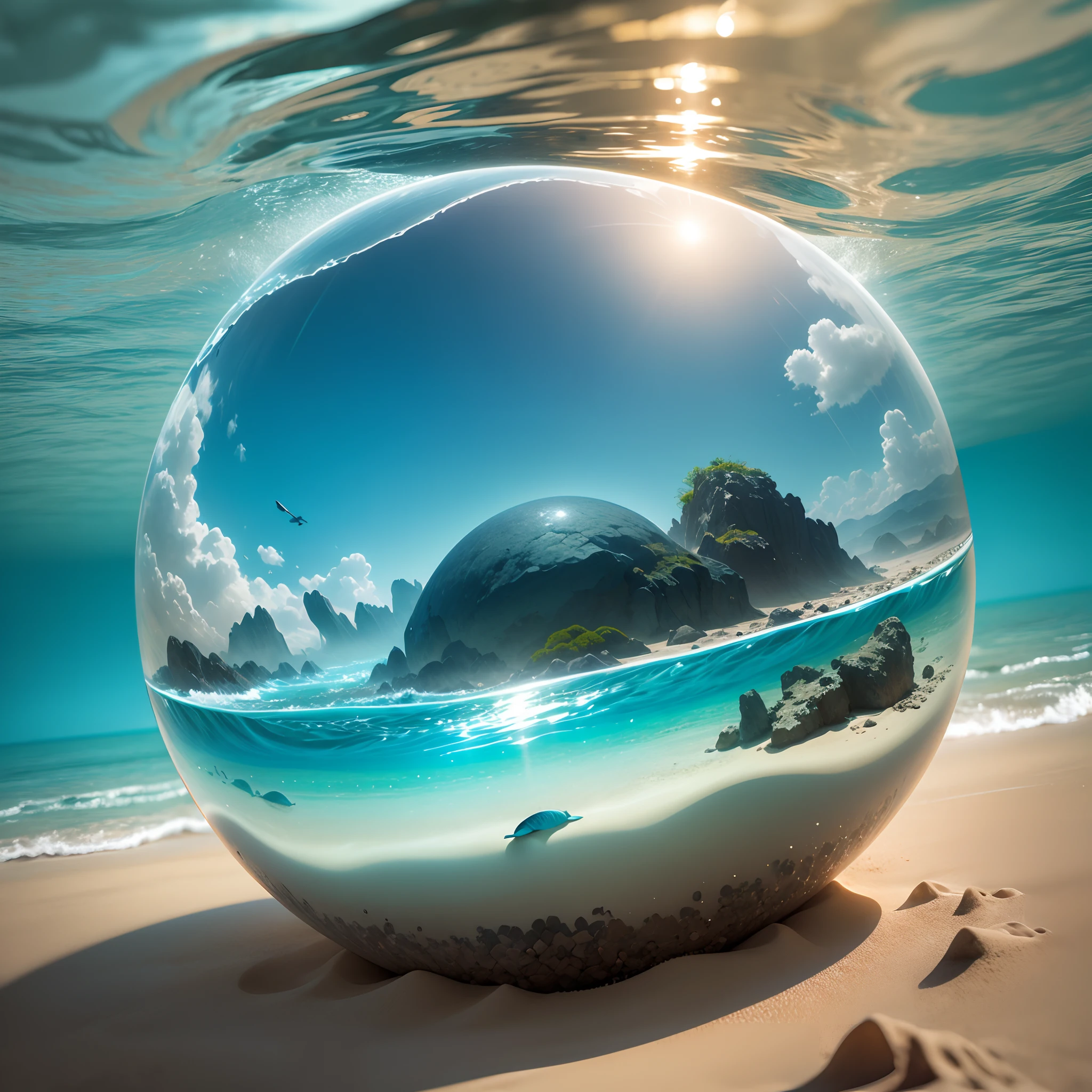 Underwater world,Marine life,Transparent fog,The hemispherical shape looks down from the sky,fanciful,Artistically。beach sand background