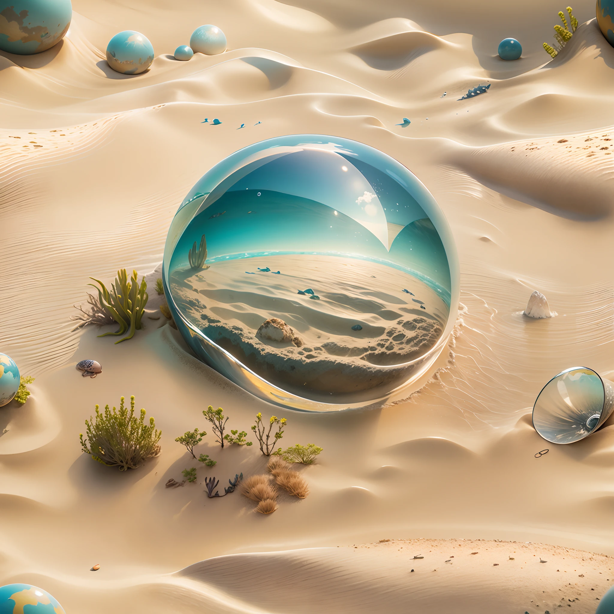 Underwater world,Marine life,Transparent fog,The hemispherical shape looks down from the sky,fanciful,Artistically。beach sand background