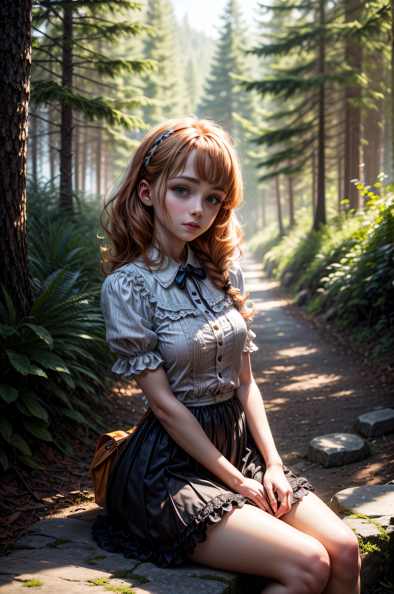 8k, masterpiece, ta, ginger hair, ginger eyebrows, she's looking at us, Sunlit, Frolicking happily, colorful Dress with skirt, frickles, pine forrest on a windy day, sunlit day, Sitting on a stone, marking on us