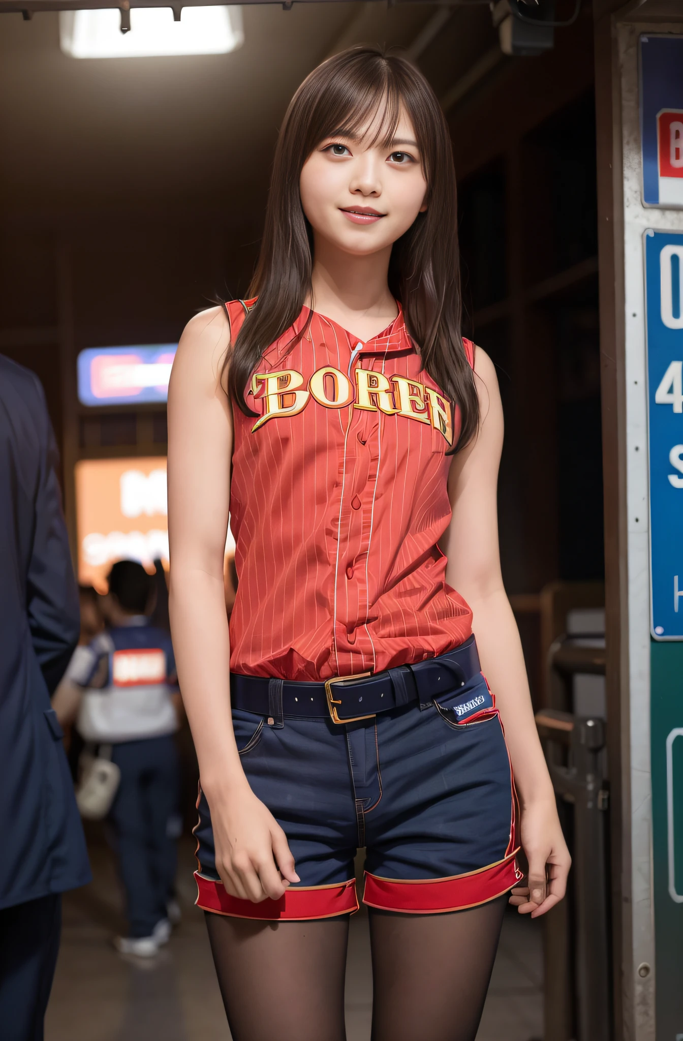 (Sillamäe:1.5)、mid night、masterpiece、 top-quality、ultra-detailliert、8K、1femele、Raw foto、Photorealsitic、Colossal tits、bulging chest、beautiful a girl、depth of fields、hight resolution、finely detail、 ighly detailed、extremely detailed eye and face、Sharp pupils、foco nítido、Cinematic lighting、Fasten your baseball uniform belt、Pinstriped uniforms、sleeveless clothes、shortpants、The face is bright red、slightly drunk、Sa Baseball Stadium、lightsmile、Dark blue clothing、Frolicking、Guts Pose