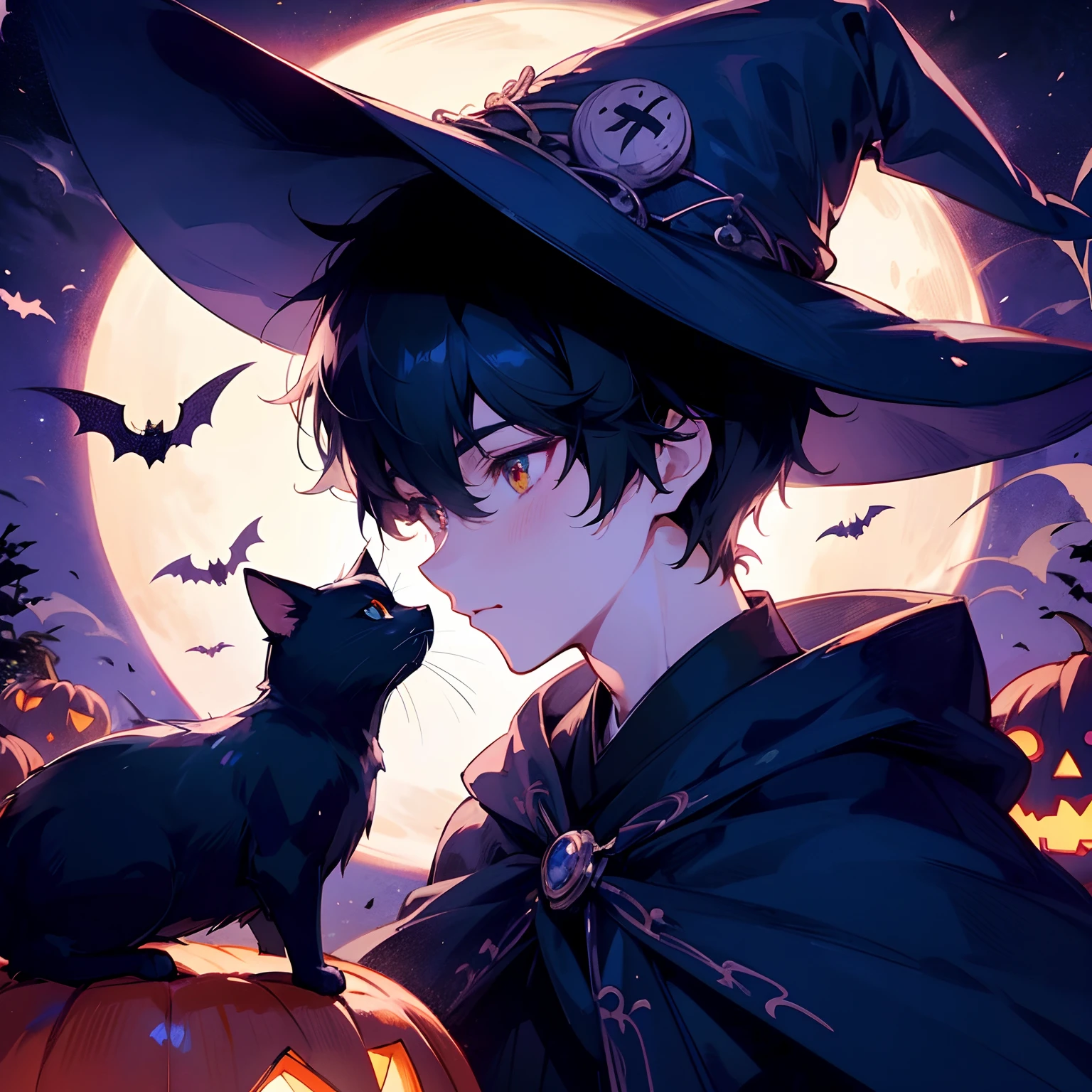 Japanese anime, beautiful young man, black hair, bowl cut, wizard's hat, black cape, just before kissing black cat, Halloween, magic lights, full moon, bats, jack-o-lantern, side view composition,high quality, amount of drawing, pixiv illustration