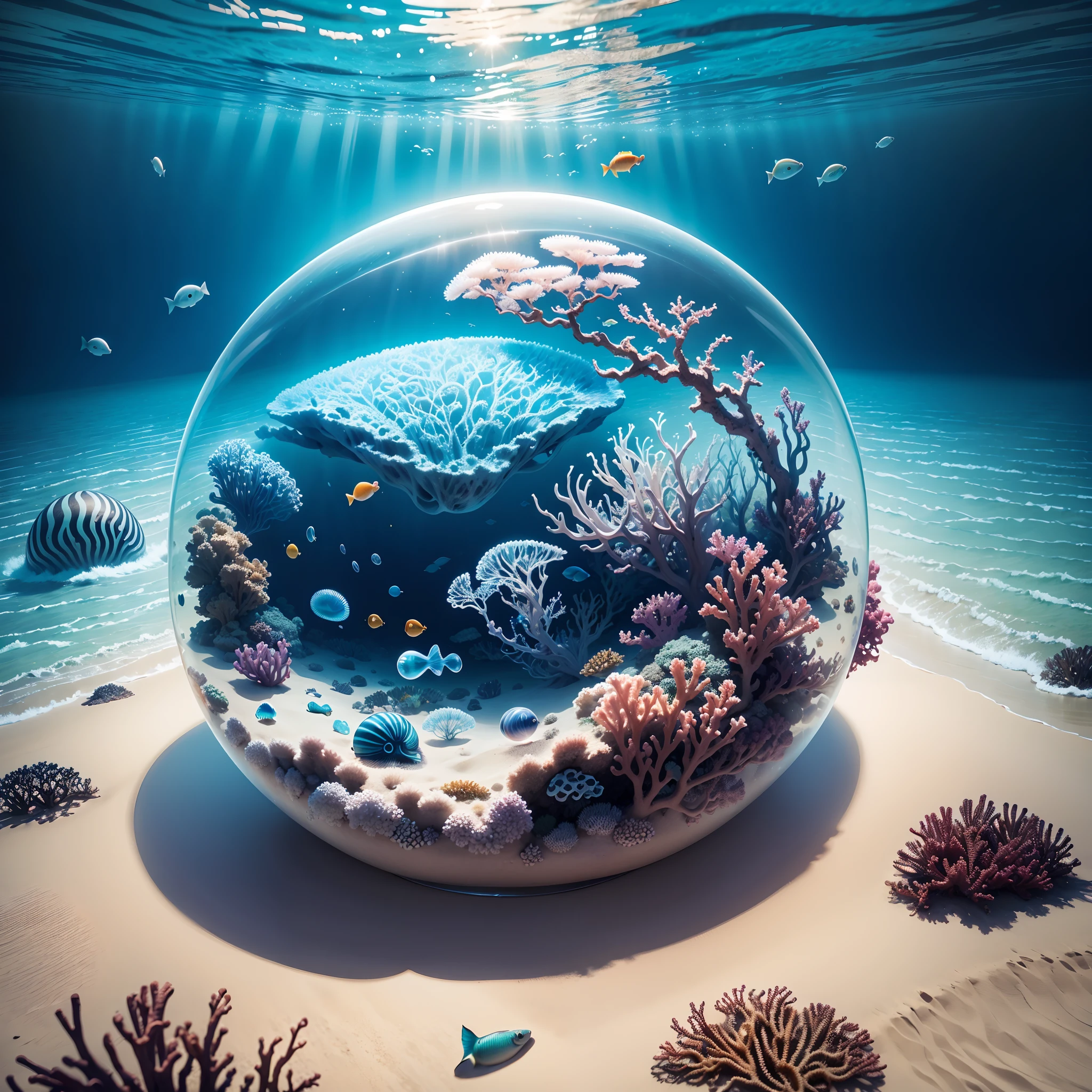 (the reef,fish flocks,jelly fish),Transparent fog,The hemispherical shape looks down from the sky,fanciful,Artistically,beach sand background