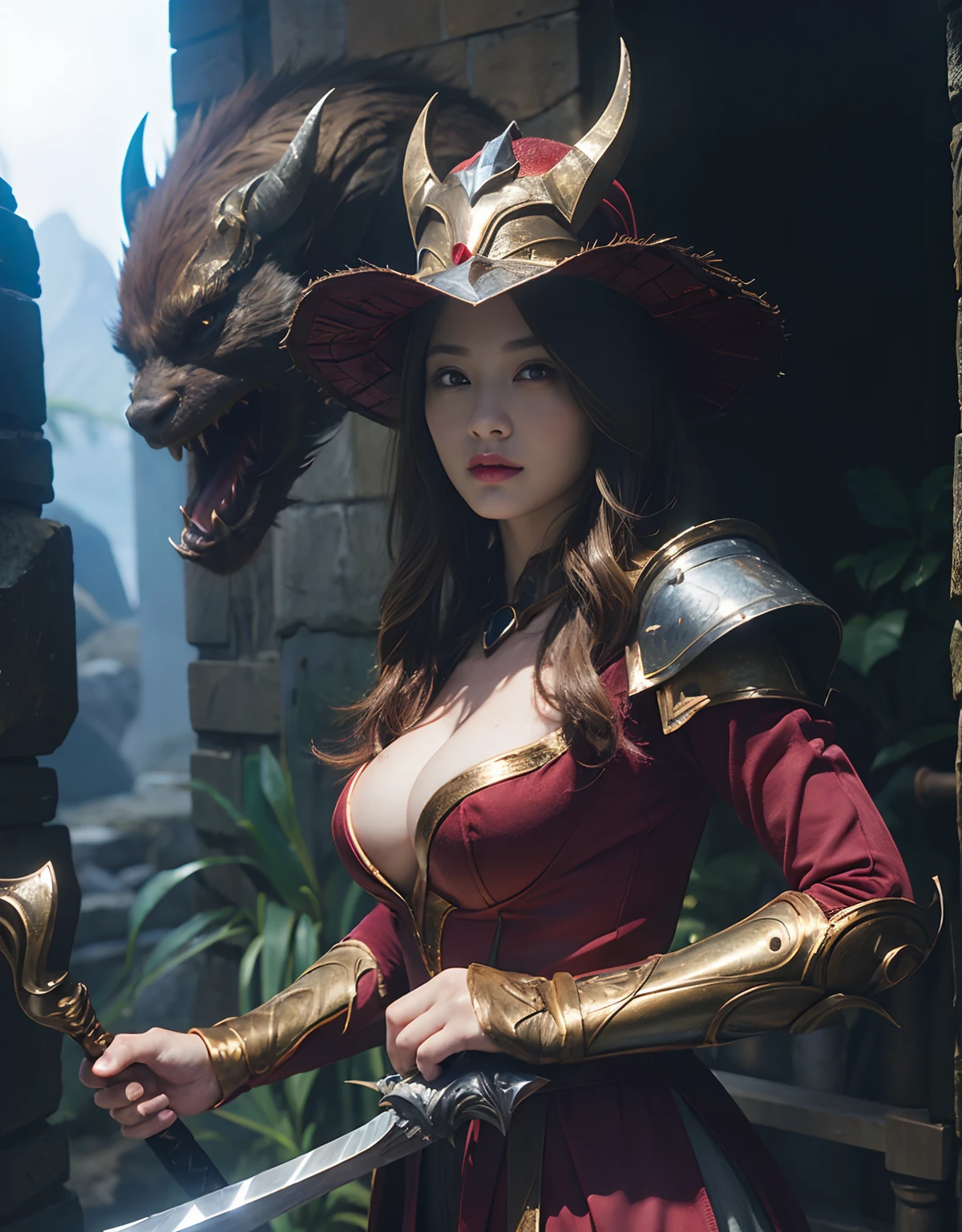 (One Knight Girl)、top-quality、​masterpiece、超A high resolution、(Photorealsitic:1.4)、Raw photo、女の子1人、（Wear the Dark Knight's Armor）、glowy skin、(Random hair),(((Dark Fantasy)))、Fight with beautiful swords and shields、(((Mystical expression))),(((Have a gorgeous and long magic wand))),（Gorgeous gold metal body）、(Fight goblins、ogre、Fierce battle with orcs),（Fighting strong enemies）、Fight fiercely、(Background of decaying dungeon ruins)、（Ultimate Beauty）、（Detailed knight's helmet）、(Fighting Demonic Beasts)、(Wizard Hat)、((super realistic details))、portlate、(Strong giant demon beast background),globalillumination、Shadow、octan render、8K、ultrasharp、Colossal tits、Raw skin is exposed in cleavage、metals、Details of complex ornaments、Japan details、highly intricate detail、Realistic light、(Mystical expression),CGSoation Trends、Red Eyes、radiant eyes、Facing the camera)、Gundam、Small LED、Toostock、（Background of the mutation）、（Attack of the Monster Beasts）、Ultimate Beauty、beautiful female knight、Wear colorful armor、Detailed sword、（Wearing legendary armor）、
