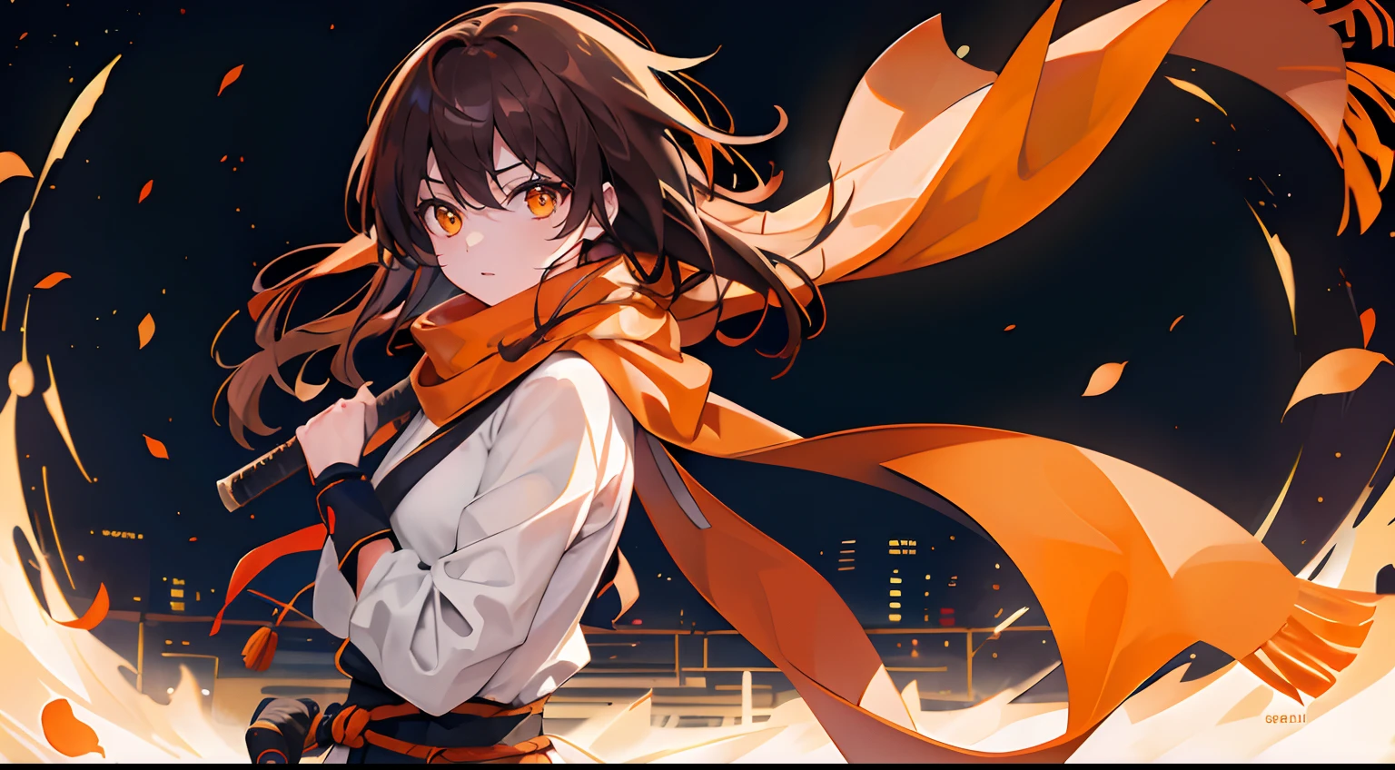Big logo with the letter R、shinobi、One girl、Flowing in the wind、Orange Long Scarf、A dark-haired、Orange Eyes