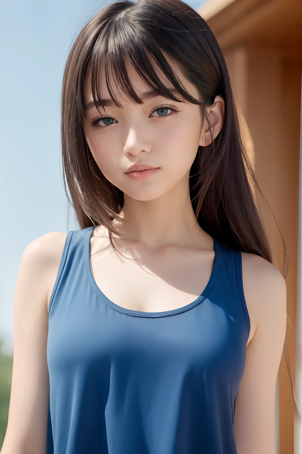 (8k, top-quality, ​masterpiece:1.2), (realisitic, Photorealsitic:1.37), ultra-detailliert, One Girl,cute little, 独奏,Beautiful detailed sky,date,(Nasal blush),(a smile:1.15),(a closed mouth)tiny chest、beautiful detailed blue eyes、(shorth hair: 1.2)、Floating Hair NovaFrogStyle、The upper part of the body、Tank tops