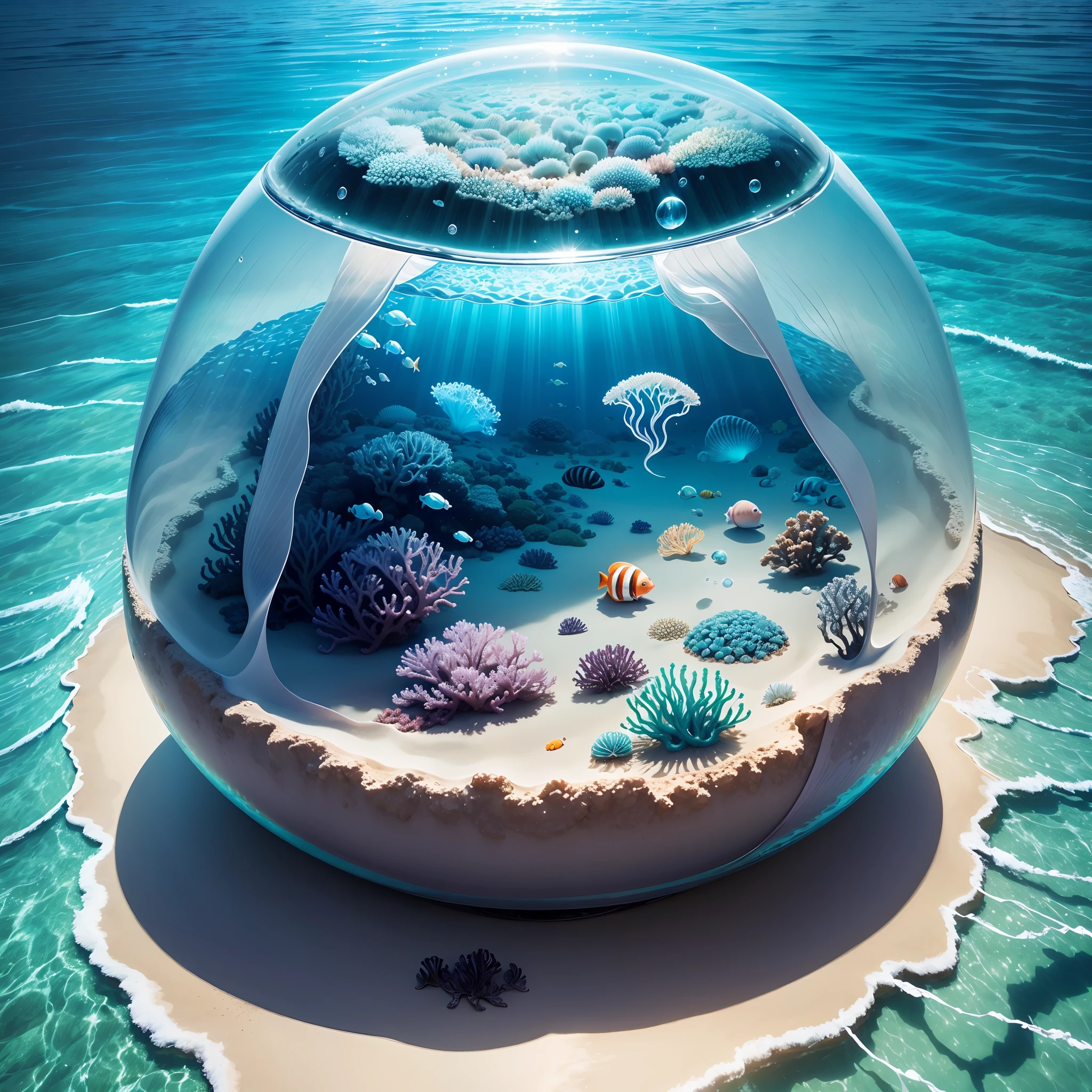 (the reef,fish flocks,jelly fish),Transparent fog,The hemispherical shape looks down from the sky,fanciful,Artistically,beach sand background