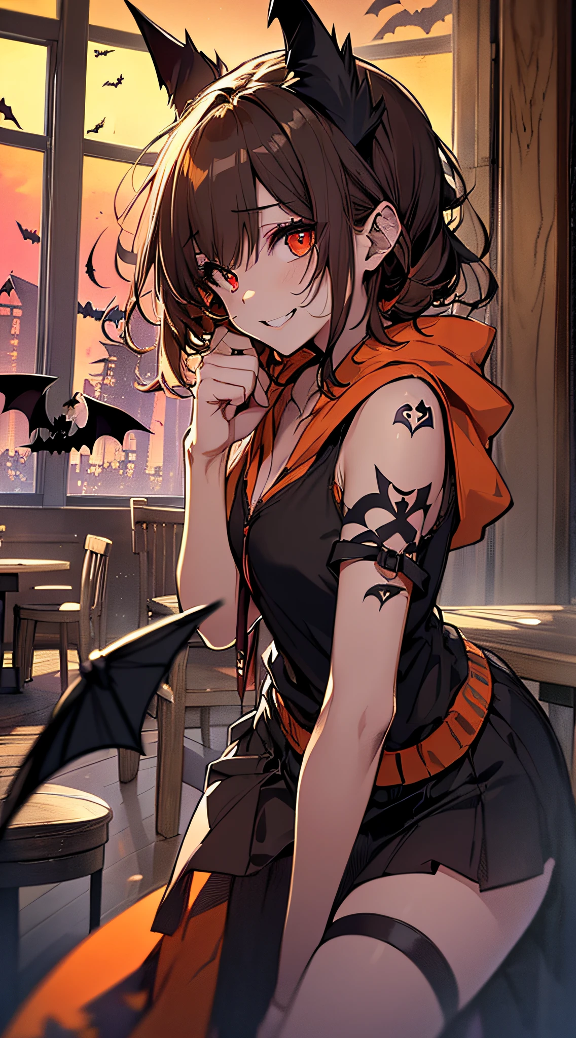 top-quality、Top image quality、masterpiece、teens girl((18year old,Succubus、Black and orange tattered tank top,Tattered orange and black short skirt、Tattered orange short-sleeved hoodie、Wearing a hood,Best Bust、Bust 85、A dark-haired、Longhaire,Red Eyes、open chest wide、Valley、Happiness、A slender、Blood coating、Leaning forward、Prank、Black wings、Pampering、Emphasis on the chest、Crow gesture、Bats tattoo、A smile、low angles))hiquality、Beautiful Art、Background with((natta、window、Red sky、Halloween at night、the bats、pumpkins,Nightmare、Inside the Halloween venue、Wooden table、Wooden chair、red wine))、masutepiece、Elaborate design、visualart、Theatrical films