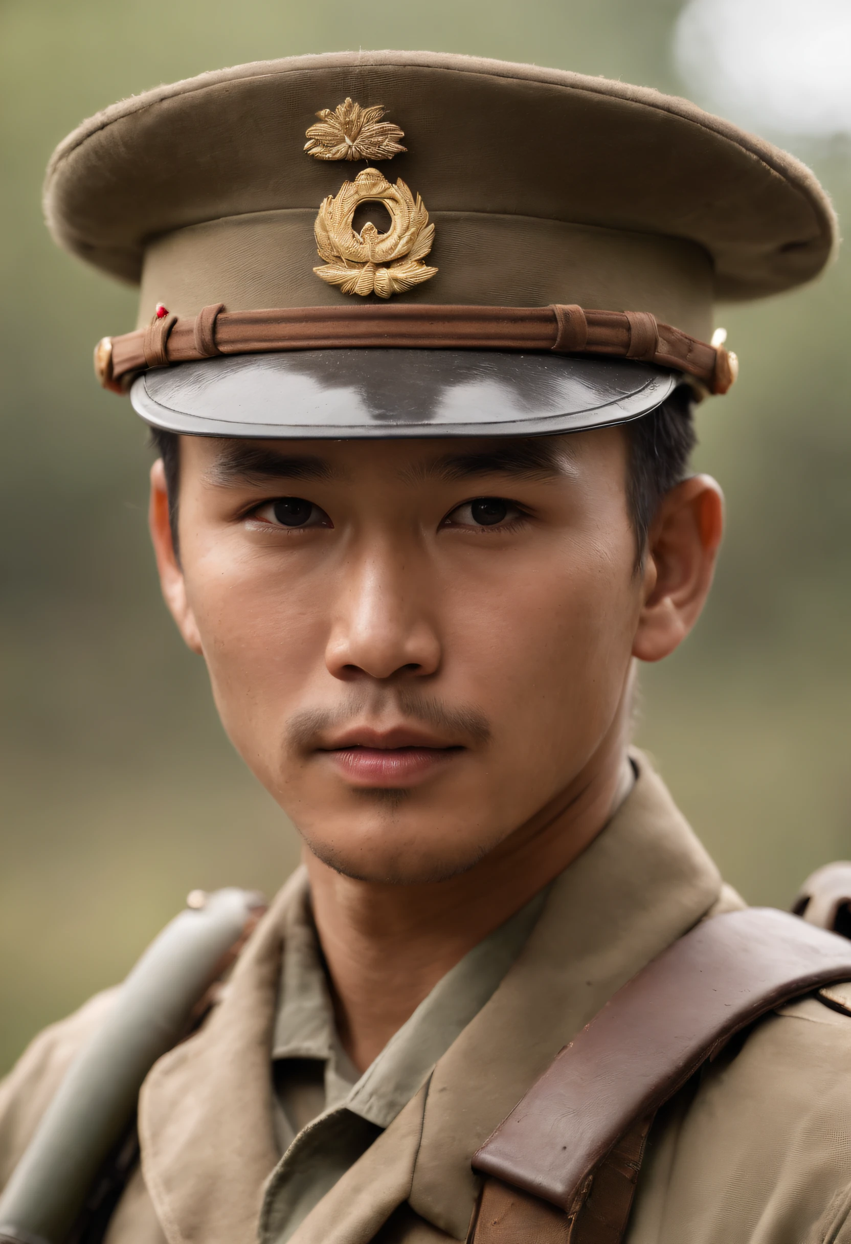 A Japanese soldier in the Philippines war, potrait, 8k, realistic, intense eyes, well-defined facial features, rugged appearance, detailed uniform, strong and determined expression, historic setting, war-torn background, dramatic lighting, authentic colors, high resolution, fine detailing.