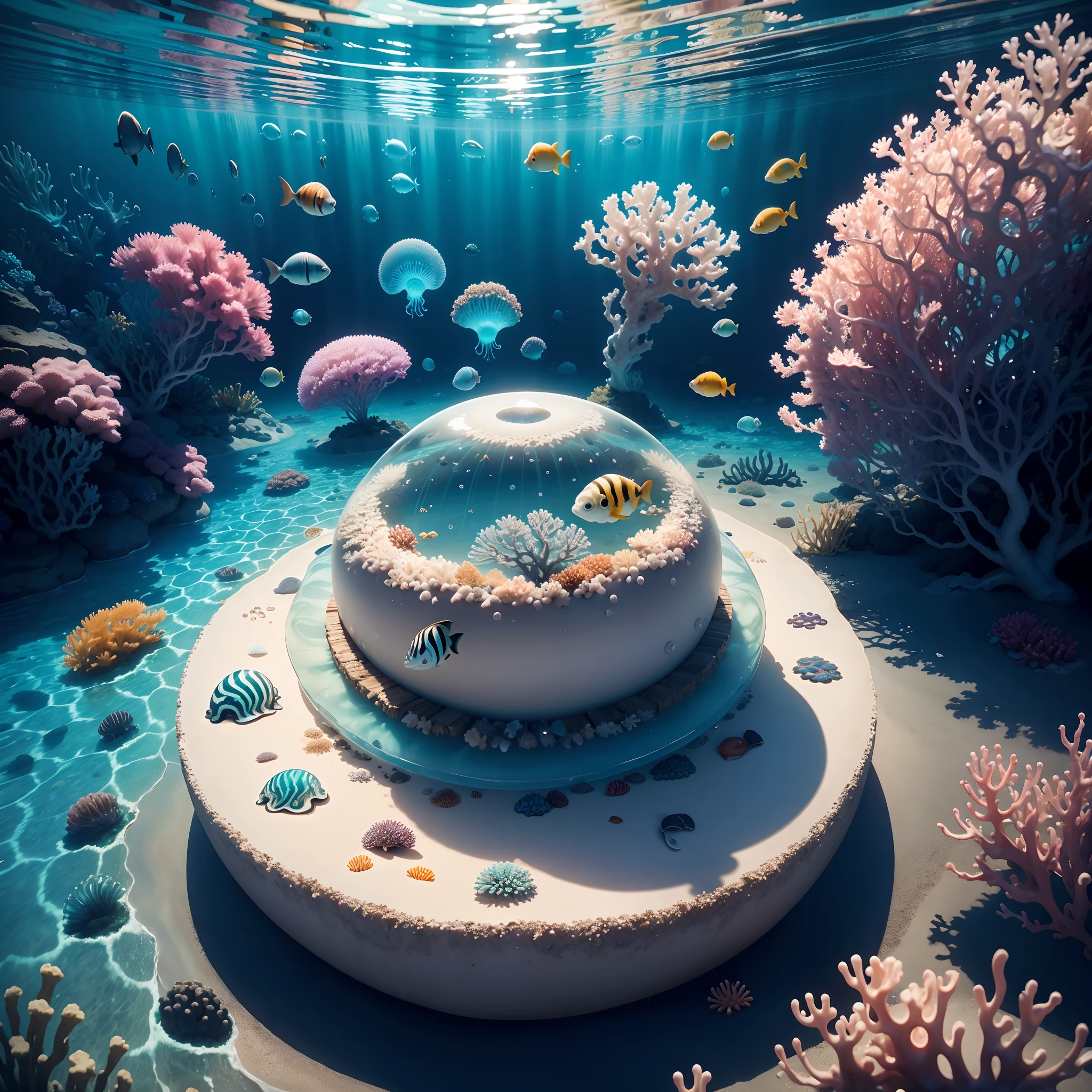 (the reef,fish flocks,jelly fish),Transparent fog,The hemispherical shape looks down from the sky,fanciful,Artistically,beach sand background