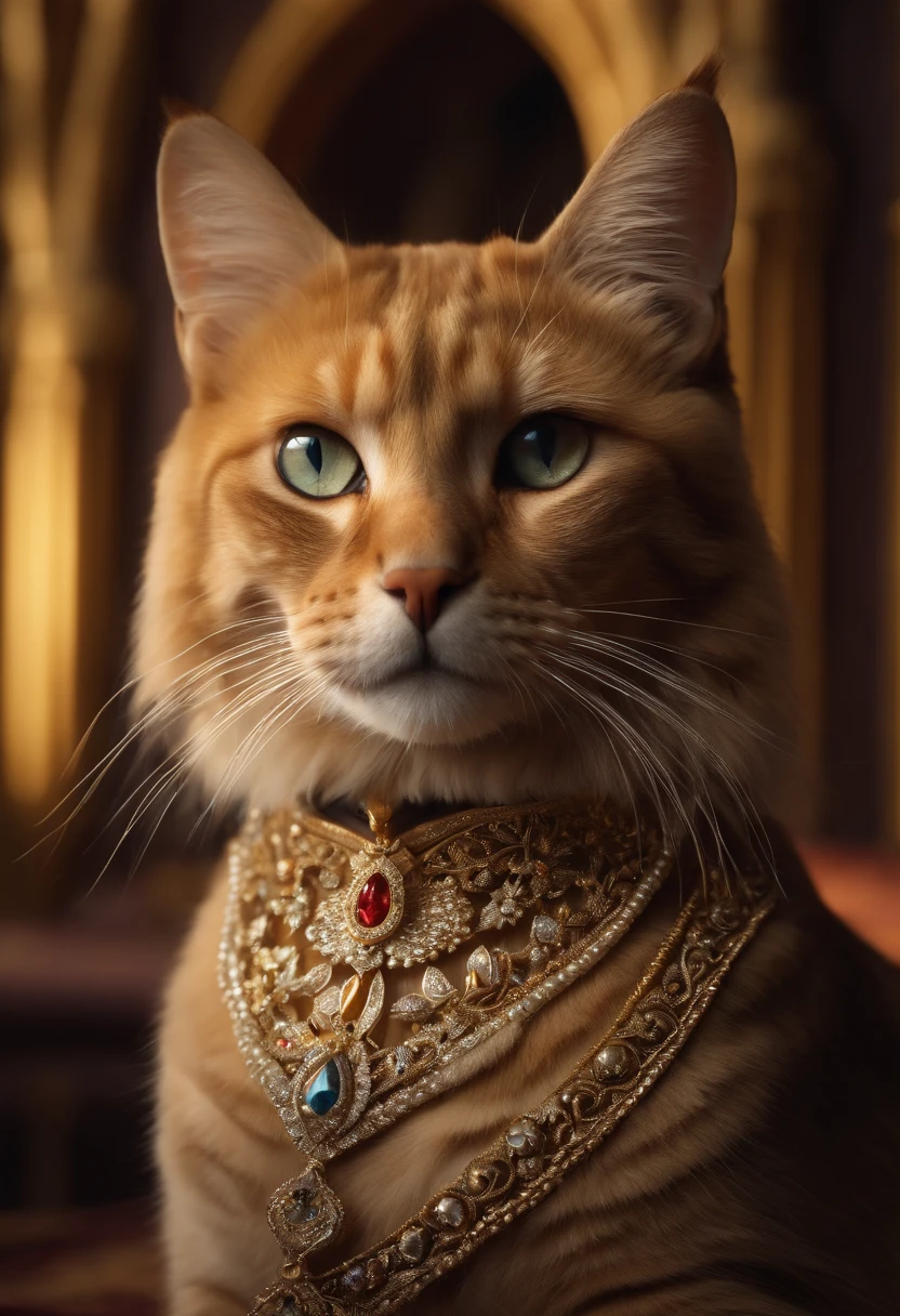 Best Quality,4k,hight resolution,Masterpiece:1.2,Ultra-detailed,Realistic:1.37,Portrait,Cat in a Crown, sitting on the throne,beautiful detail eyes,beautiful detailed lips,Extremely detailed eyes and face,long eyelashes,royalty,rich,An intricately crafted crown,Velvet throne with intricate carvings,Luxurious furnishings,Richly decorated background,Gold accents,soft-lighting,Regal atmosphere,Vivid colors,Attention to the texture of the fur,Rich color palette,A hint of sunlight, seeping through stained glass windows,Dramatic shadows,Graceful Posture of a Cat,,A proud expression,Team Presence,Carefully designed environments,Ornate details,Exquisite craftsmanship