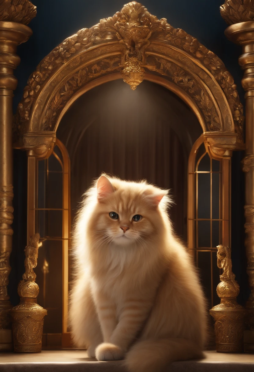 Best Quality,4k,hight resolution,Masterpiece:1.2,Ultra-detailed,Realistic:1.37,Portrait,Cat in a Crown, sitting on the throne,beautiful detail eyes,beautiful detailed lips,Extremely detailed eyes and face,long eyelashes,royalty,rich,An intricately crafted crown,Velvet throne with intricate carvings,Luxurious furnishings,Richly decorated background,Gold accents,soft-lighting,Regal atmosphere,Vivid colors,Attention to the texture of the fur,Rich color palette,A hint of sunlight, seeping through stained glass windows,Dramatic shadows,Graceful Posture of a Cat,,A proud expression,Team Presence,Carefully designed environments,Ornate details,Exquisite craftsmanship