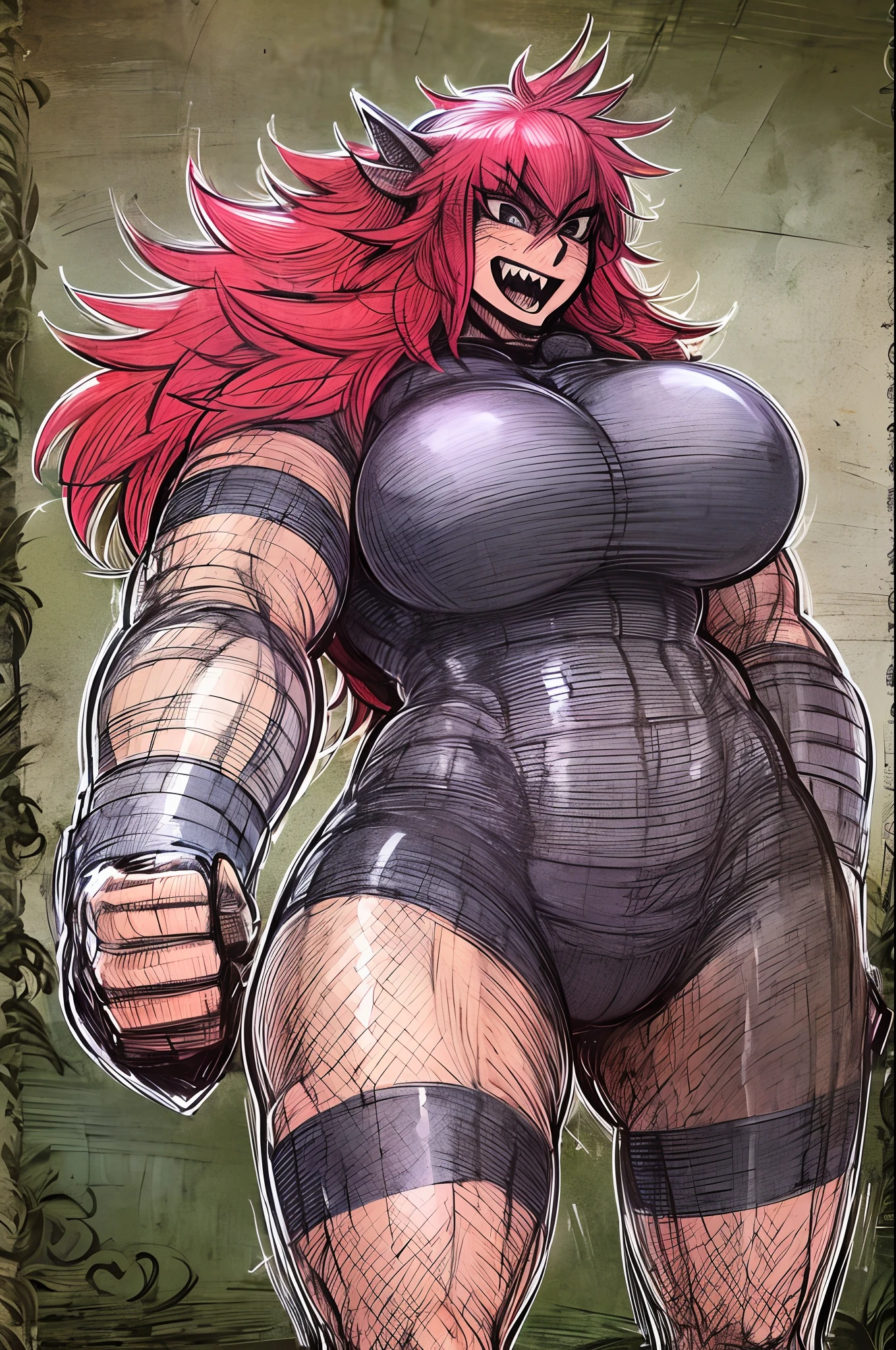 tomboy, warrior, berserker, tall female, muscular female, living hair, sauvage,, medieval clothing, fantasy, fantasy weapon, huge breasts, barbarian pants, , combat boots, armor, red hair, crazy smile, open mouth, biceps, necktie, thick arms,pullover, solo focus, long hair, , crazy smile, sharpteeth, standing