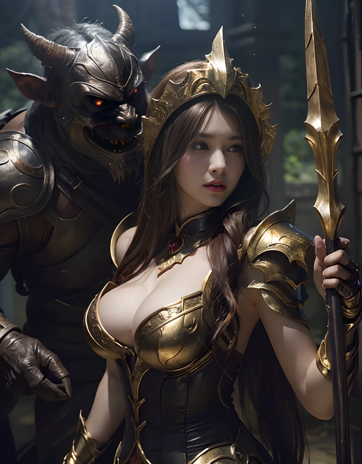 (One Knight Girl)、top-quality、masterpiece、超A high resolution、(Photorealsitic:1.4)、Raw photo、1人、(Wear the Dark Knight's Armor)、glowy skin、(Random hair),(((Dark Fantasy)))、Fight with beautiful swords and shields、(((Mystical expression))),(((Have a gorgeous and long magic wand))),(Gorgeous gold metal body)、(Fight goblins、ogre、Fierce battle with orcs),(Fighting strong enemies)、Fight fiercely、(Background of decaying dungeon ruins)、(Ultimate Beauty)、(Detailed knight's helmet)、(Fighting Demonic Beasts)、(Wizard Hat)、((super realistic details))、portlate、(Strong giant demon beast background),globalillumination、Shadow、octan render、8K、ultrasharp、Colossal tits、Raw skin is exposed in cleavage、metals、Details of complex ornaments、Japan details、highly intricate detail、Realistic light、(Mystical expression),CGSoation Trends、Red Eyes、radiant eyes、Facing the camera)、Gundam、Small LED、Toostock、(Background of the mutation)、(Attack of the Monster Beasts)、Ultimate Beauty、beautiful female knight、Wear colorful armor、Detailed sword、(Wearing legendary armor)、