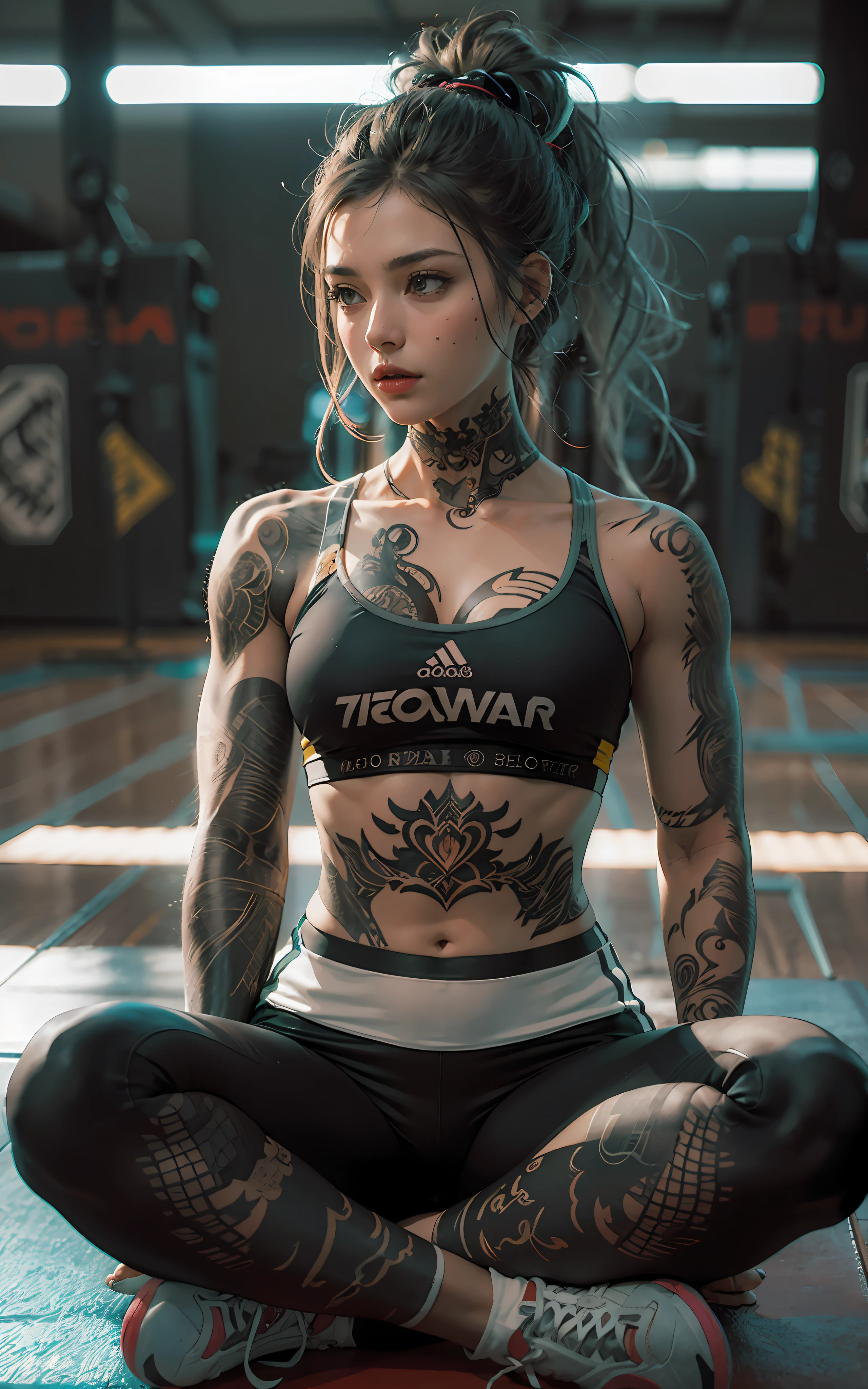 (best quality) Detailed sportswear girl, sitting on the gym floor, spread legs, wearing an intricate leggings and sports bra, highlighting the slight abs, while the chest tattoo adds a cinematic touch to the scene amidst the black tattoo, and cinematic lighting perfects the overall ambiance.