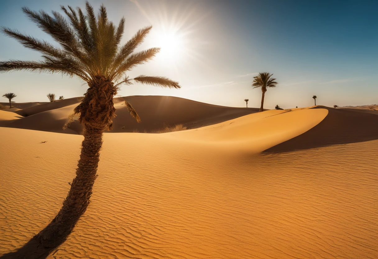 Desert oasis landscape,, the scorching sun paints the sky orange as undulating sand dunes stretch into infinity. A single lone palm tree provides shade, The sky is full of stars，  landscape artwork, Yellow sand in the sky , Desierto con dunas de arena , Emerald palm trees and clear springs, camel , close-up photo, beautiful scene,