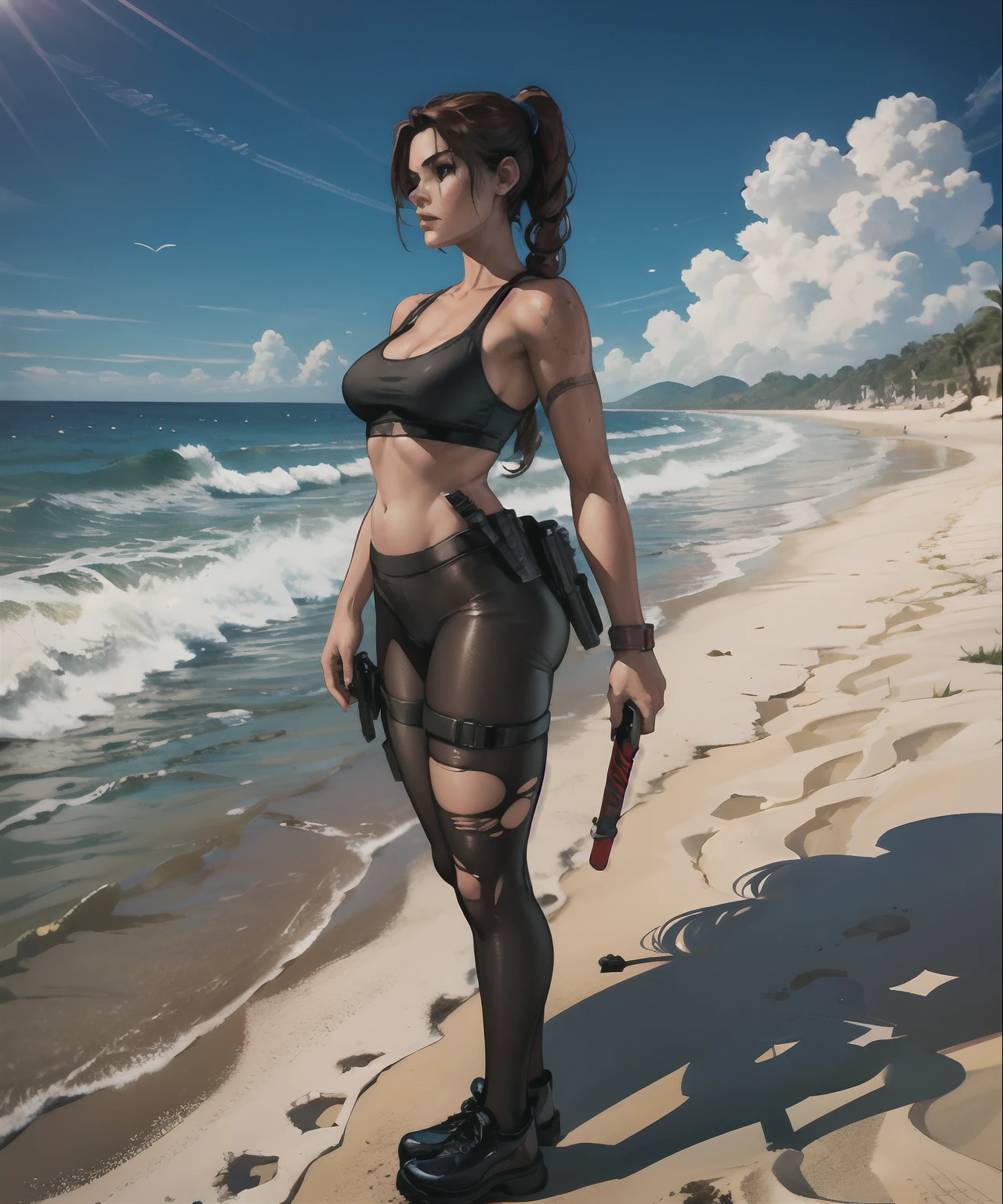 tomb raider, Lara Croft em uma praia deserta, biquine preta, torn pantyhose, water, standingn, lado perfil, standing full body, de lado, mostrando perfil,