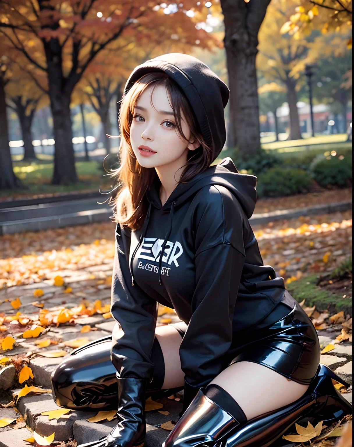 (shiny black tight high boots with stiletto:1.3), (oversized hoodie:1.3), Best Quality:1.5, 8K, masutepiece:1.3, Crisp focus:1.2, Big breasts:1.4, Beautiful woman with perfect figure:1.4, oily skin:1.5 Highly detailed face and skin texture, Perfect face balance, Smile, beautiful studio soft light, Rim Light, vibrant detail, Hyper realistic, Octane Render, Photo realistic, in a beautiful park in autumn, leaves changing color
