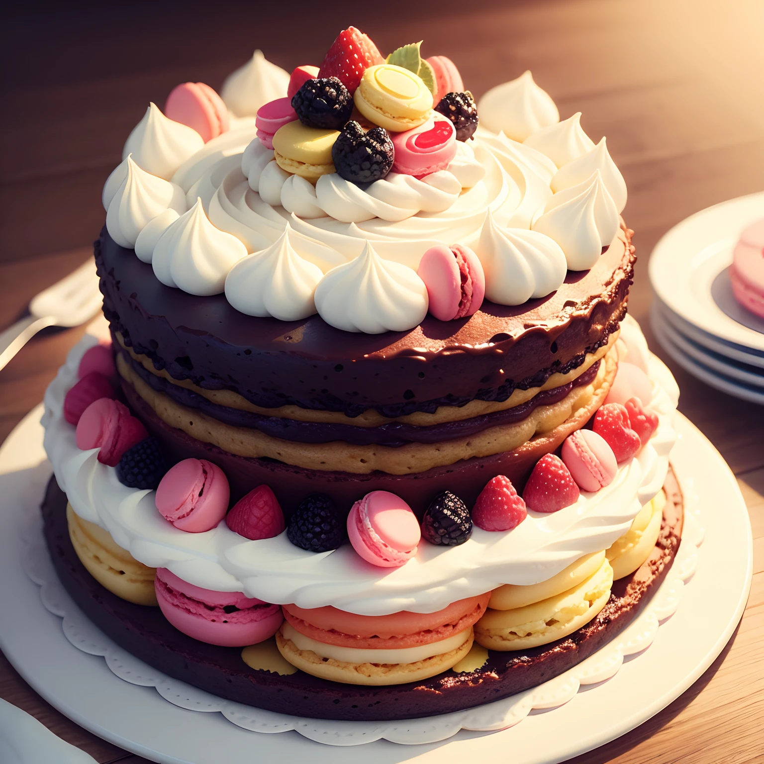 Whole cakes、Put macarons on top、Plenty of fresh cream、Plenty of fruit