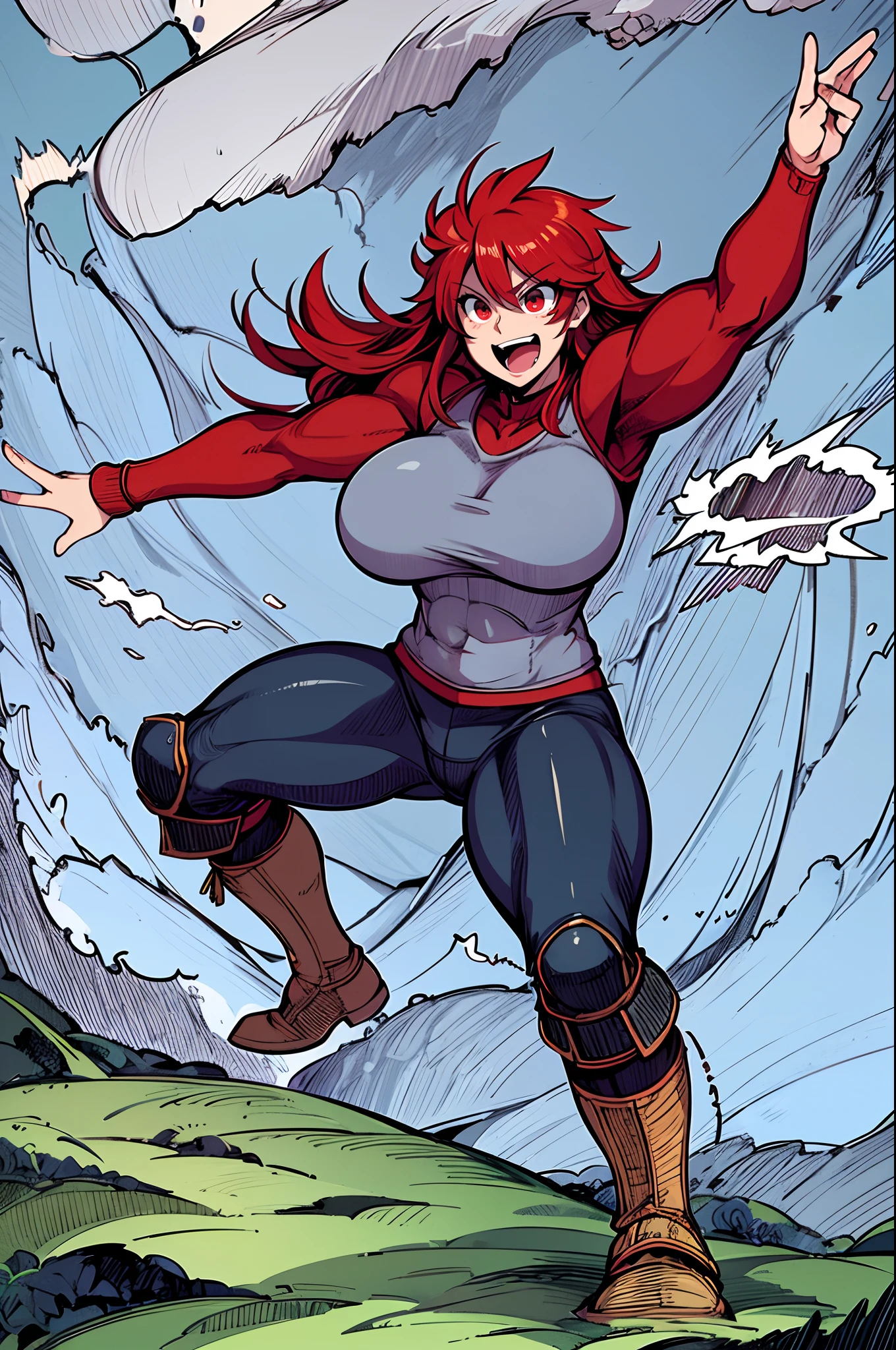 tomboy, warrior, berserker, tall female, muscular female, living hair, sauvage,, medieval clothing, fantasy, fantasy weapon, huge breasts, barbarian pants, , combat boots, armor, red hair, crazy smile, open mouth, biceps, necktie, thick arms,pullover, solo focus, long hair, , crazy smile