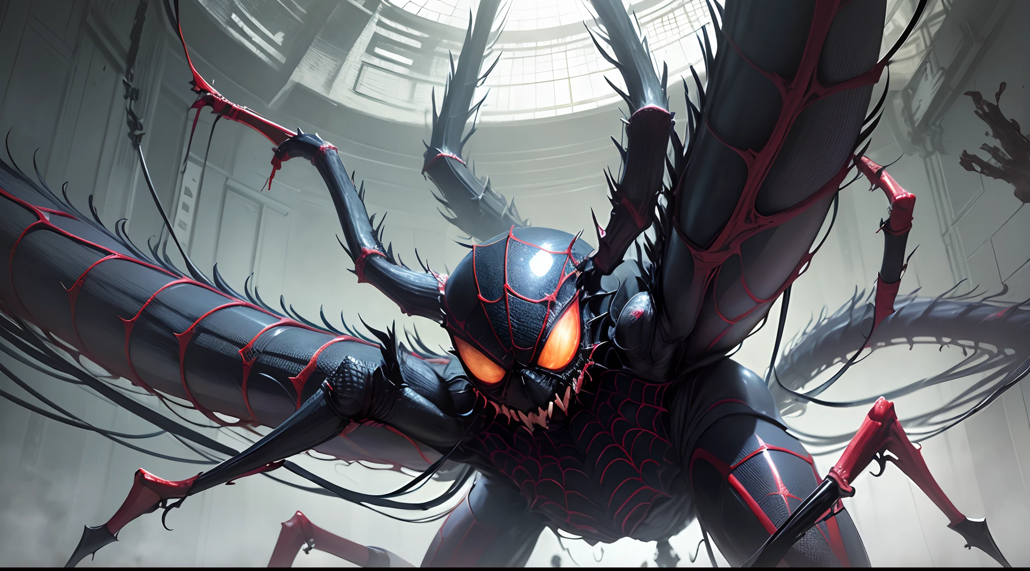 A huge spider jumped down from the ceiling. It had eight long legs and was covered in black hair. Its sharp teeth were visible as it opened its bloodthirsty mouth. It was a female monster, a humanized female spider. --auto --s2