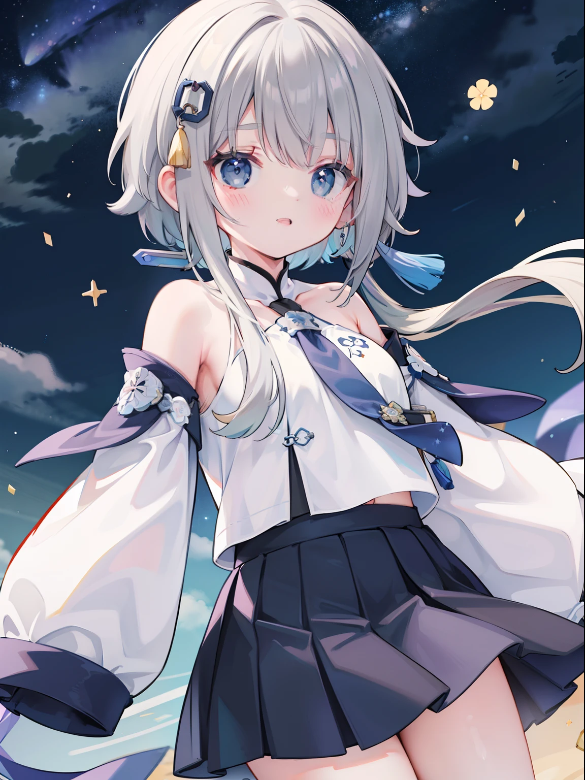 masterpiece, best quality, 1girl, solo, guizhong_genshin, school uniform, white shirt, tie, skirt, sleeves over wrists, starry sky print