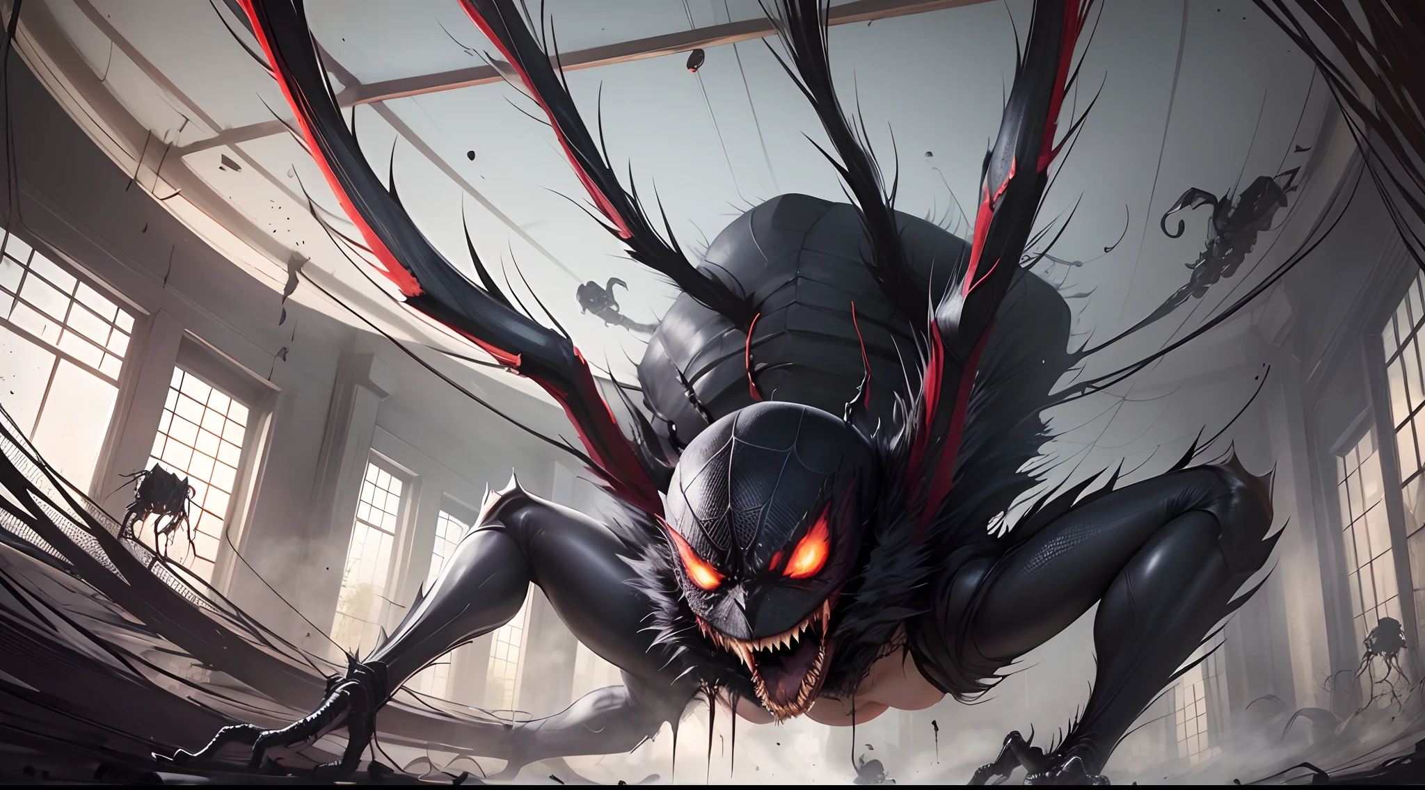 A huge spider jumped down from the ceiling. It had eight long legs and was covered in black hair. Its sharp teeth were visible as it opened its bloodthirsty mouth. It was a female monster, a humanized female spider. --auto --s2