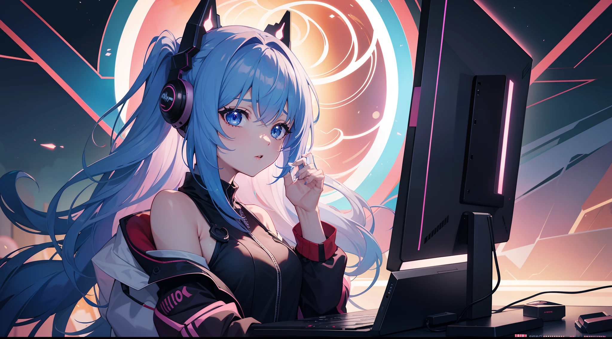 Impacto Himeko Honkai,PastelColors、Dome、pequeno bonito、Music background, 1girl, Wearing sci-fi outfits,pedir para seguir, Aquatic Science Fiction, absurdos, alta resolução, ultrasharp, 8k, master part, Olhando para o Viewer,master part, alta qualidade, Altas, absurdos, ultra-detalhado, 8k, 1girl, cabelos grisalhos platinados;, cabelos azuis, cabelos multicoloridos, gradient hair, Olhando para o Viewer, olhos coloridos, Capuz colorido, (Cidade Sci-Fi), retrato, personagem de anime sentado em uma mesa com um computador e um monitor, arte digital do anime cyberpunk, Melhor Anime 4K Konachan Wallpaper, trending on artstation pixiv, estilo anime 4K, cyberpunk digital - arte de anime, Guweiz em Pixiv ArtStation, Hand not visible