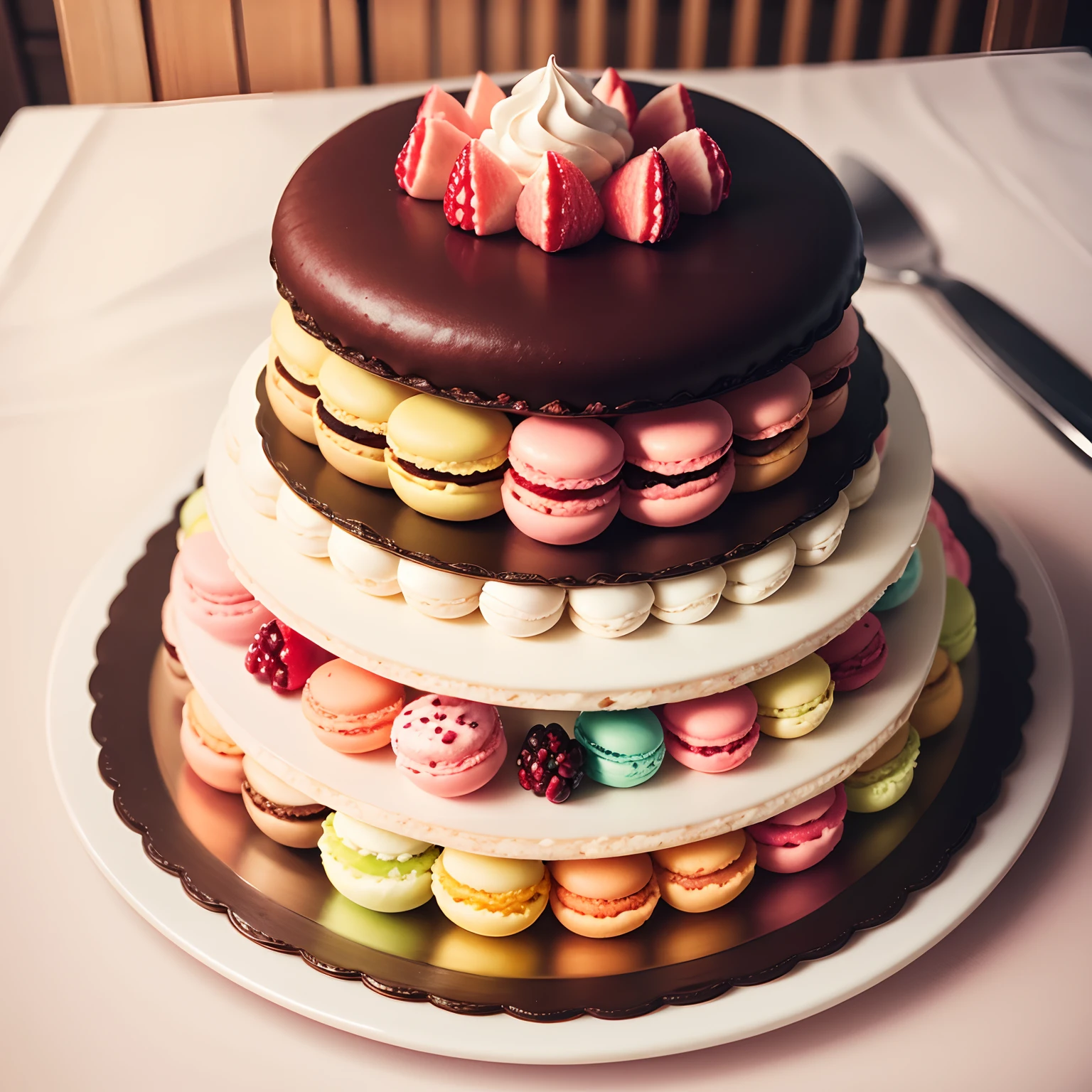 Whole cakes、Put macarons on top、Plenty of fresh cream、Plenty of fruit