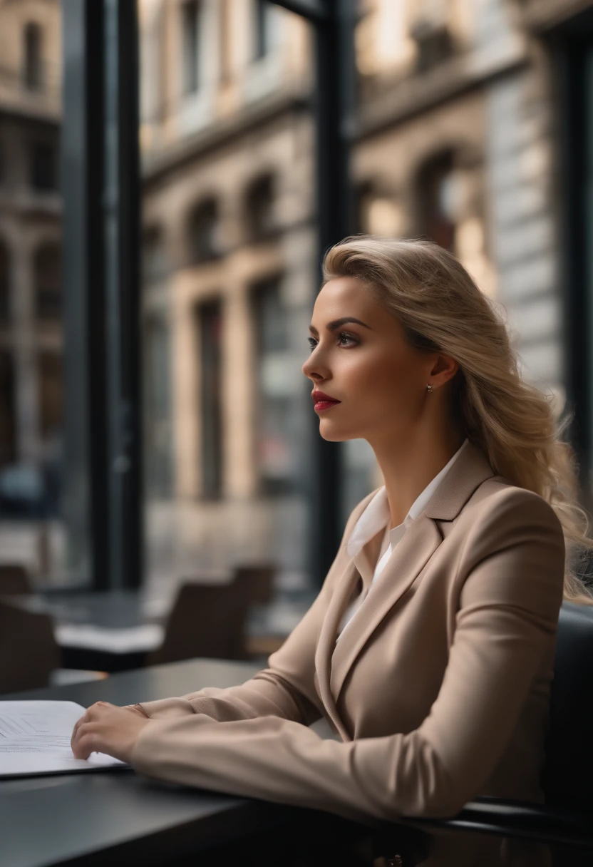 Professional, (Photo 4K:1.1), (Dittmann Anna:0.3), (Arian Mark:0.3), (sharp-focus:1.3), high detail, Wear fashionable business attire, Beautiful Detail Face, brown eye, longue blonde hair, Body shape, Office with desk, with windows, facing the diagonal avenue of Barcelona