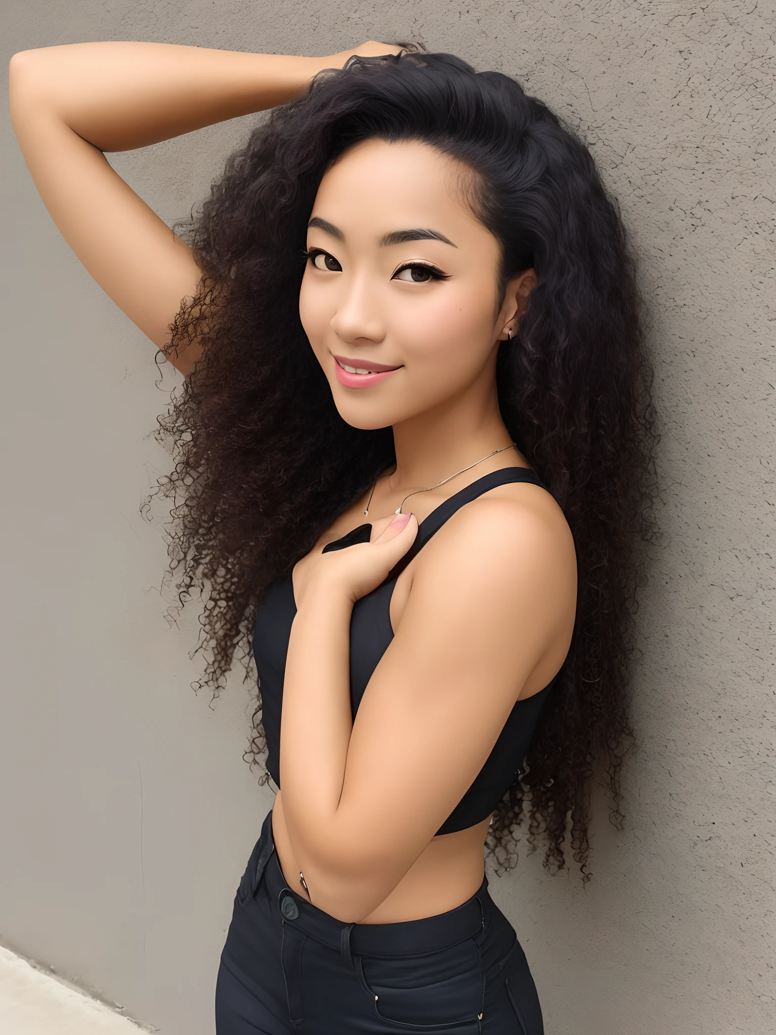 Eritrean mixed with Japanese, Long curly hair, Nose hump, Slim upper body, Thick lower body