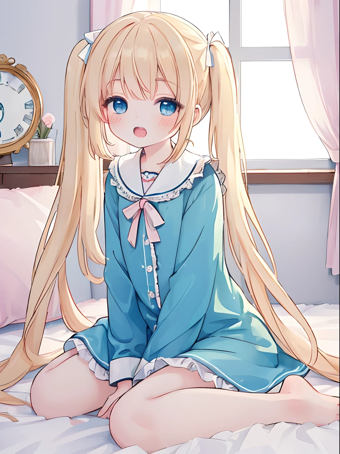 ((4K, master piece, Best Quality)), Cute little girl s,pale blond hair, Blue eyes,very long twintails,Laugh,double tooth,Closed eyes,Looking at Viewer,Lens Flare, pajamas, Bedroom