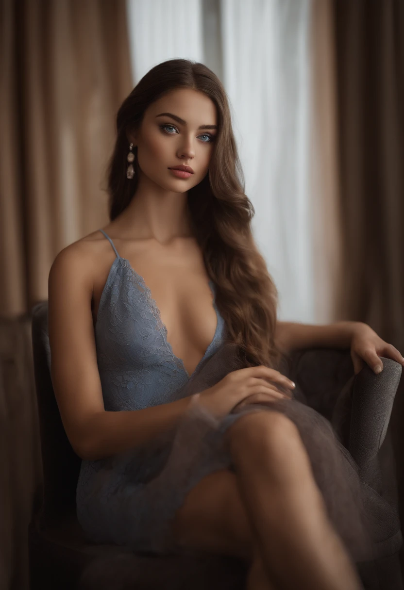 arafed woman fully , sexy girl with blue eyes, ultra realistic, meticulously detailed, portrait sophie mudd, large eyes, selfie of a young woman, at club, violet myers, without makeup, natural makeup, looking directly at the camera, face with artgram, subtle makeup, stunning full body shot sitting on a chair, medium to large size bust