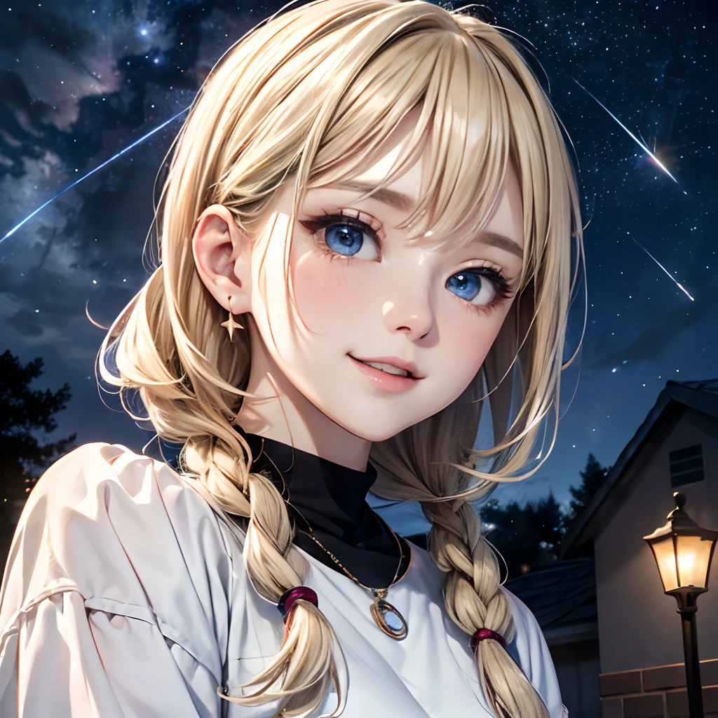 absurderes, ultra-detailliert,bright colour,(in 8K:1.3),masuter piece,extremely beautiful detailed face and eyes, 25 years old, Aurora、city light、constellation、Crescent,intergalactic,lamp post, Particles of light, long-sleeve, milkyway, natta, nigh sky, outside of house, planetes, Power lines, shooting stars, Skysky, Skyscraper, 独奏、Stargazing,Star_\(skyporn\)、starrysky、Starry Sky Print、telescopes、Winters、(Smooth straight blonde hair:1.3), (Shiny hair:1.2), Delicate beautiful face, red blush、Deep Blue Eyes, Happy smiling face,Small necklace,