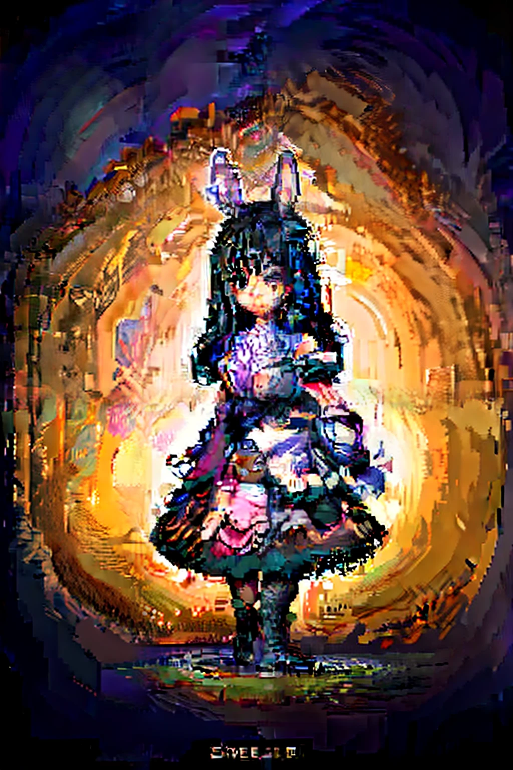 3dmm style,(masterpiece, top quality, best quality, official art, beautiful and aesthetic:1.2), (fractal art:1.3), 1girl, beautiful, high detailed, black hair with a hint of purple, pink eyes, dark lighting, serious face, looking the sky, sky, medium shot, black lolita dress, dark skin, bunny ears, black girl, skinny