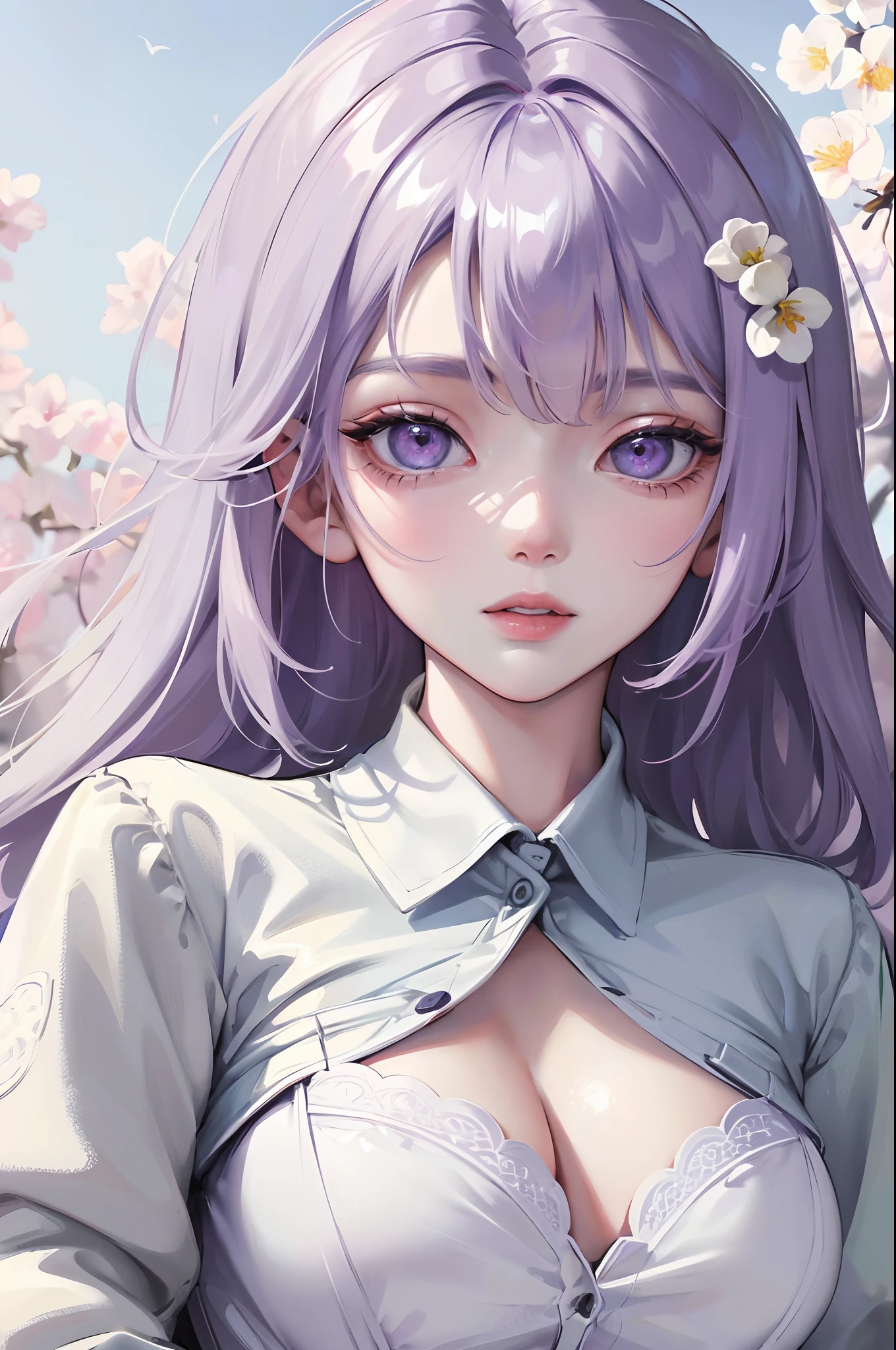 Absurdres, Masterpiece, Best quality, light colors, pastel colors, 1 girl , korean, Beautiful face, pinkish lips , grey hair with side bangs, big eyes, purple eyes, wearing casual clothes, surrounded by white flowers, sea background, detailed scenery