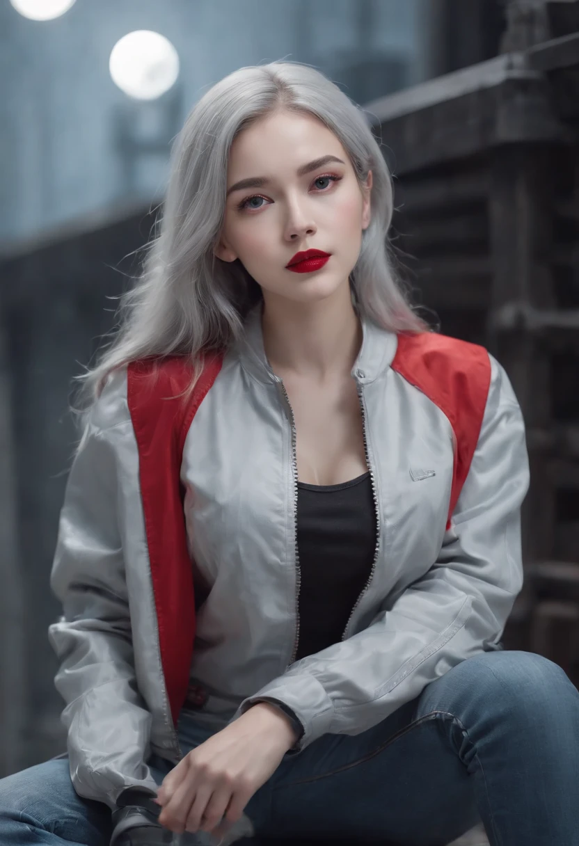 (Sci-fi fantasy), (Masterpiece), (professional oil painting) (best quality), (8k resolution), (1 beautiful girl), ((pale gray skin)), (iron gray skin), ((jeans clothes)),(red jacket)), ((black t-shirt underneath), ((red lipstick)), ((black sneakers)), (comcept art), small chest, (long hair), (messy hair), (white hair), (iron gray hair), ((with futuristic weapon)), (ammunition), ((moonlight of the night)), (sitting thinking))
